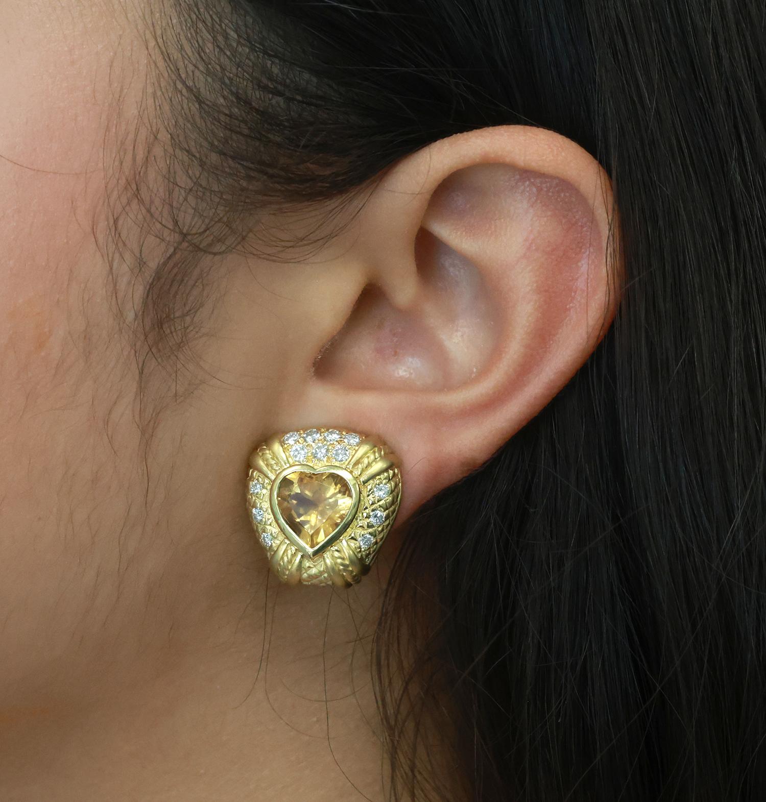 Judith Ripka Heart Citrine Diamond Clip On Earrings 18K Yellow Gold 7.85TW 0.78"