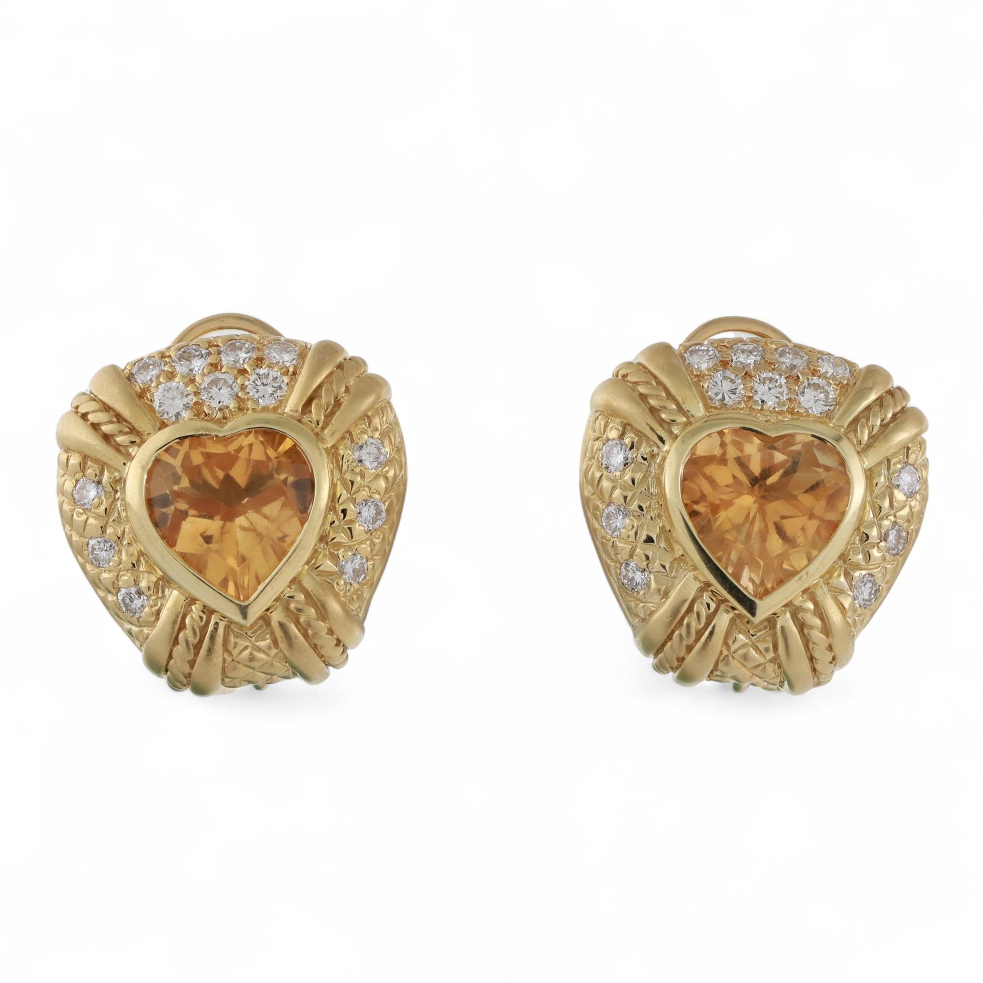 Judith Ripka Heart Citrine Diamond Clip On Earrings 18K Yellow Gold 7.85TW 0.78"
