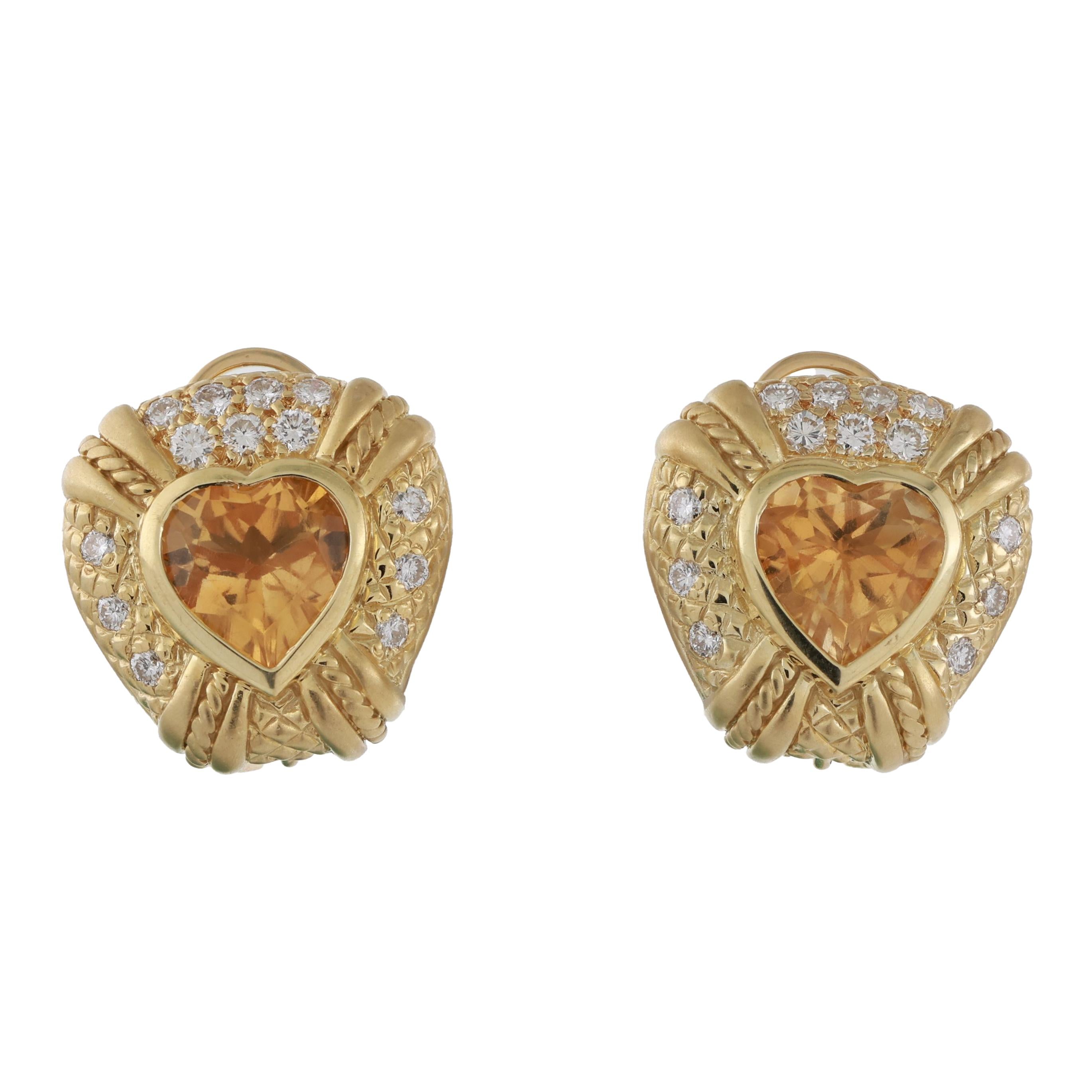 Judith Ripka Heart Citrine Diamond Clip On Earrings 18K Yellow Gold 7.85TW 0.78"