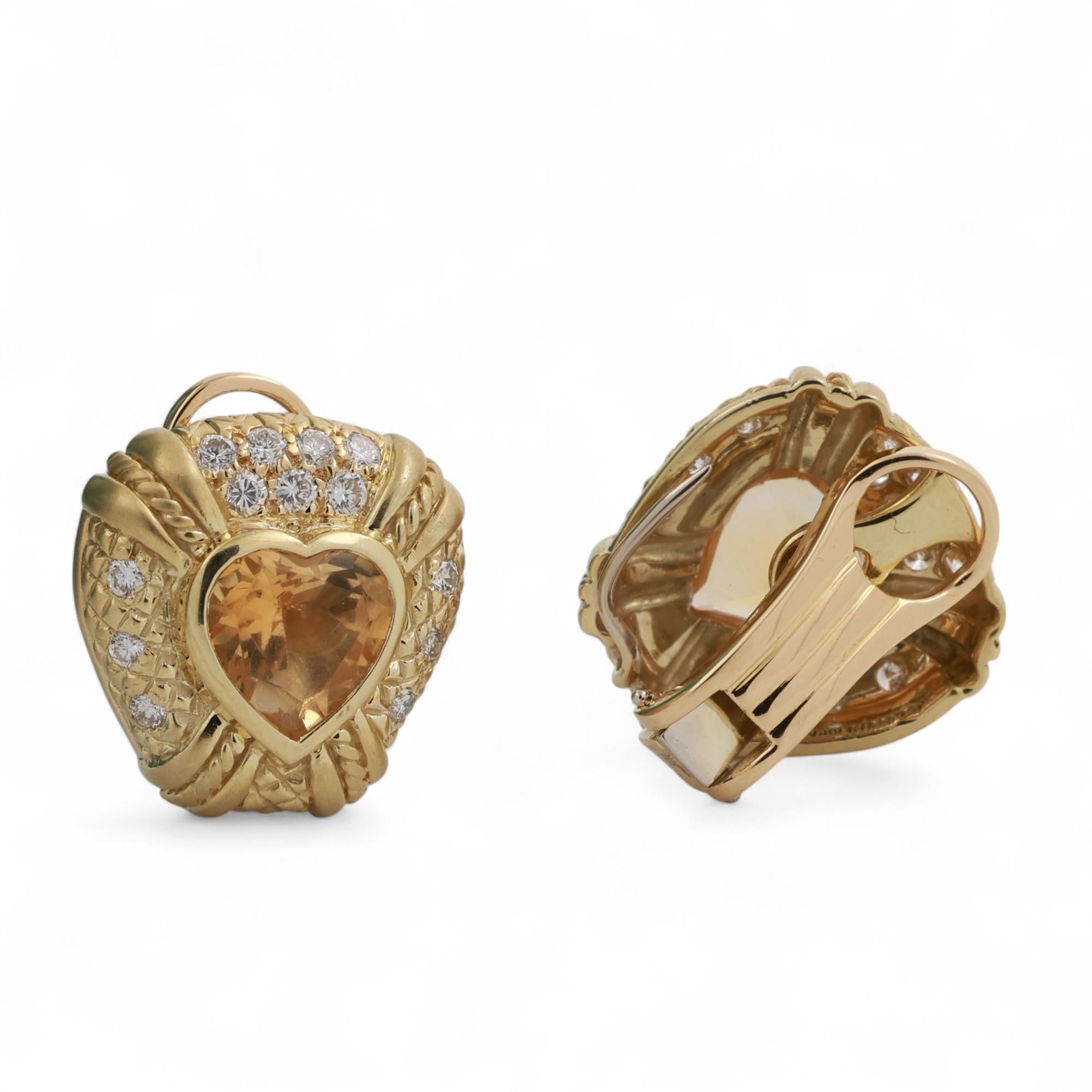 Judith Ripka Heart Citrine Diamond Clip On Earrings 18K Yellow Gold 7.85TW 0.78"