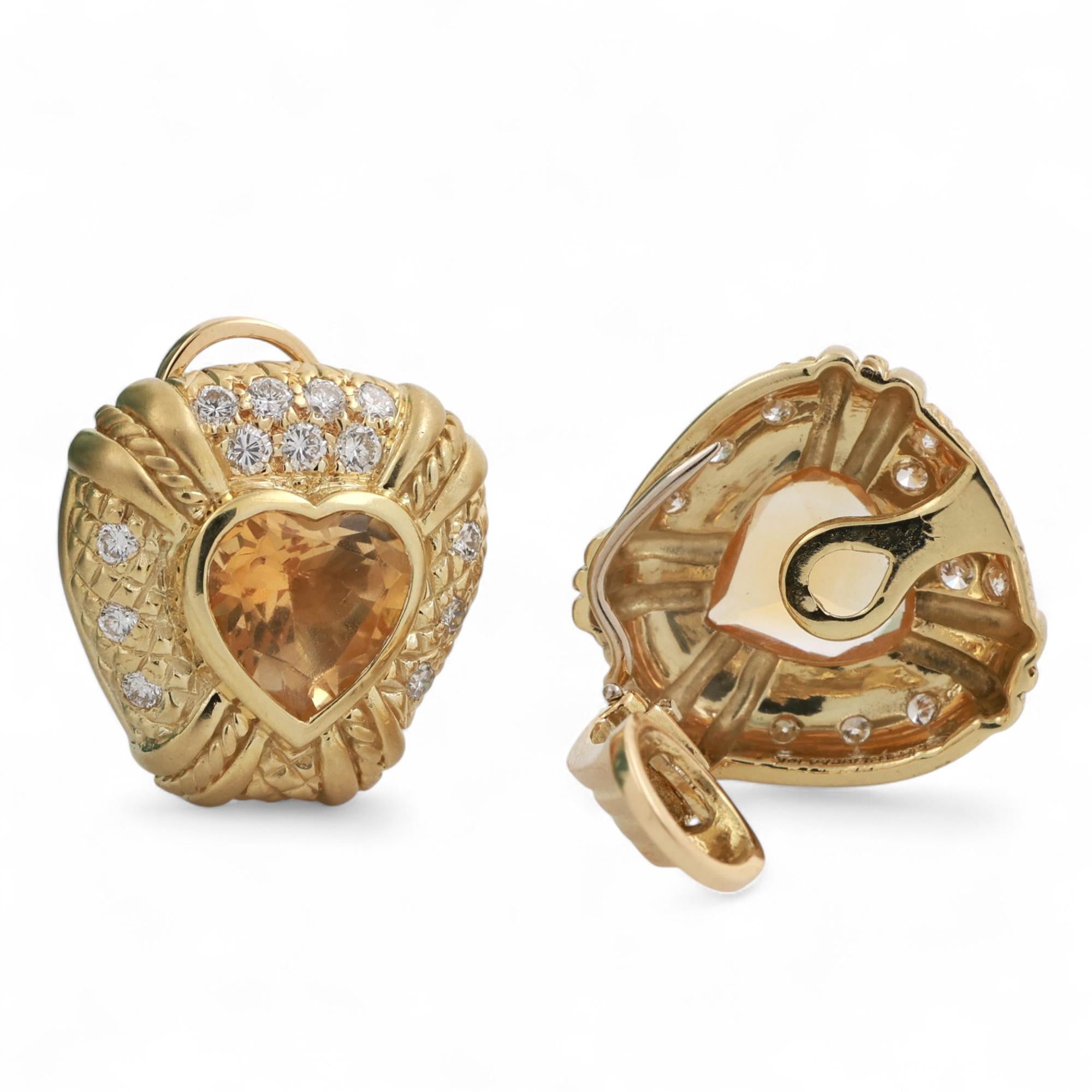 Judith Ripka Heart Citrine Diamond Clip On Earrings 18K Yellow Gold 7.85TW 0.78"