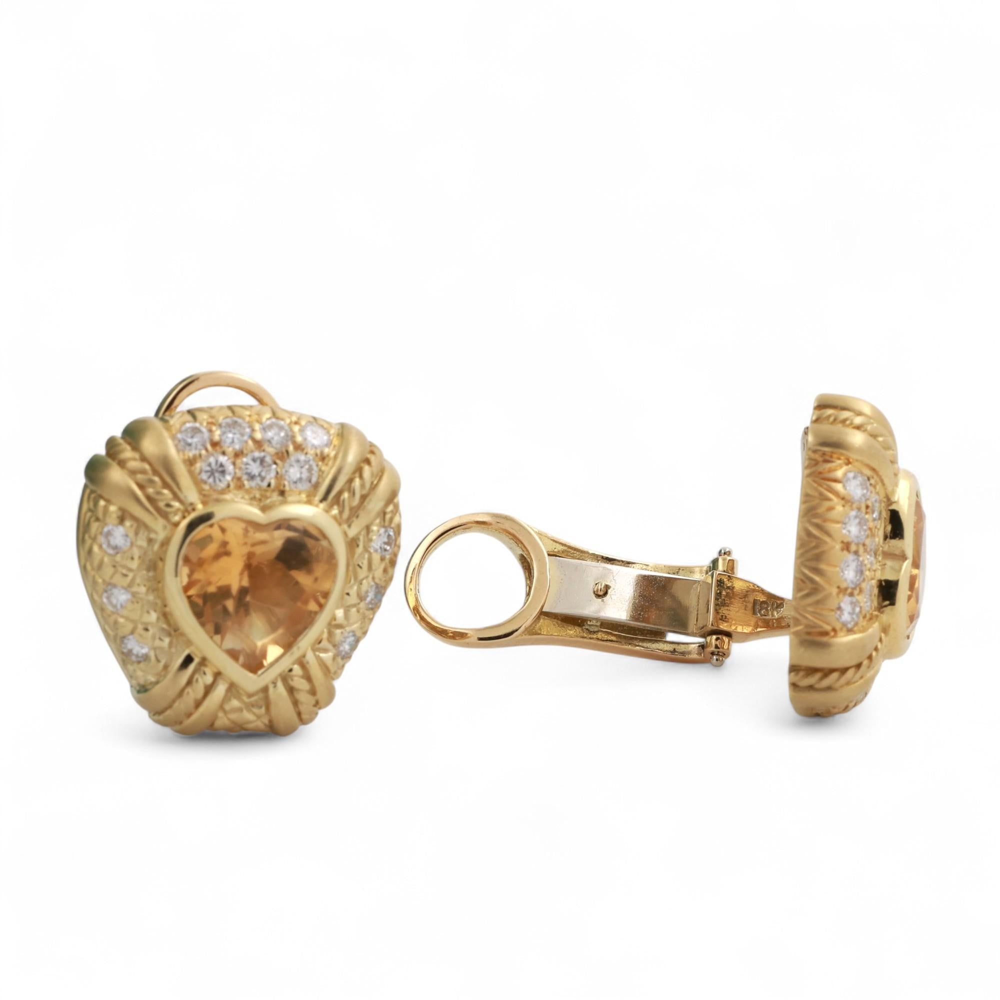Judith Ripka Heart Citrine Diamond Clip On Earrings 18K Yellow Gold 7.85TW 0.78"