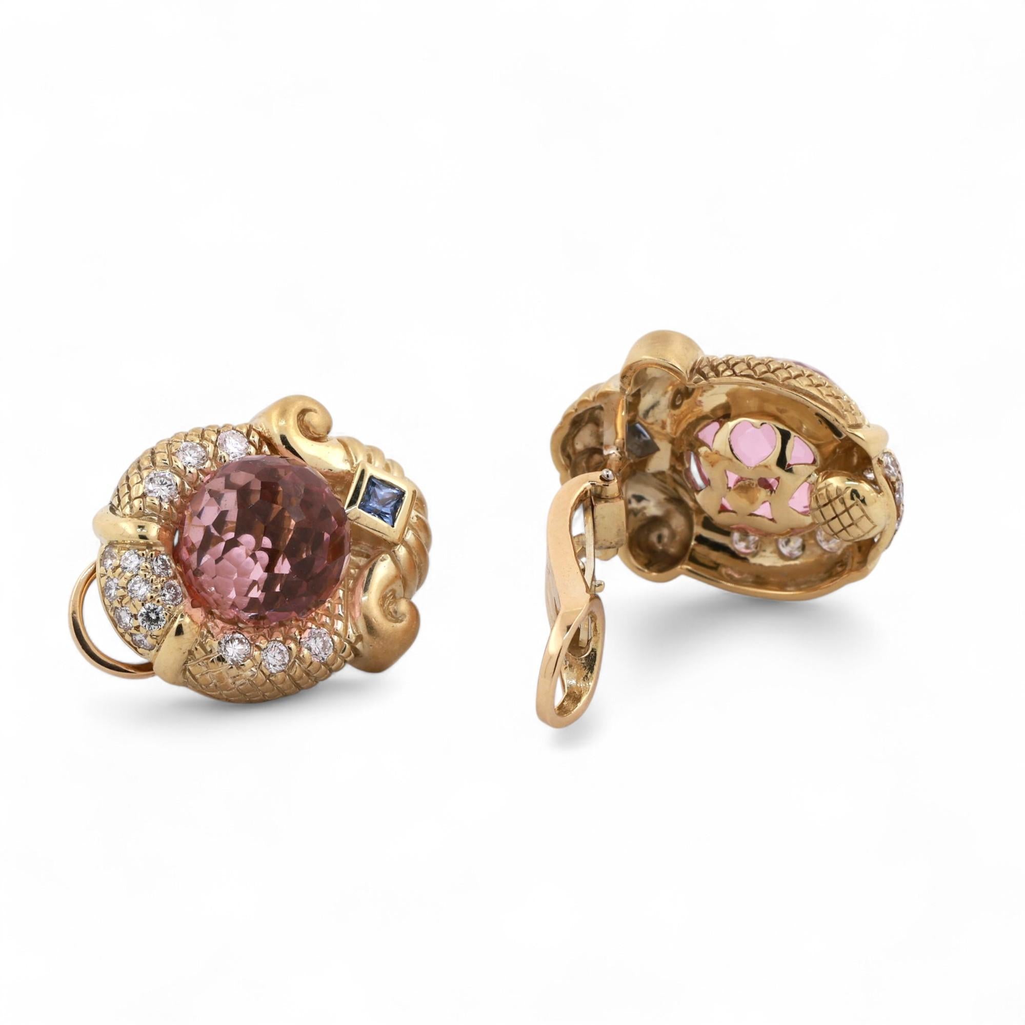 Pink And Blue Sapphire Diamond Earrings 18K Yellow Gold Clip On 1" Ladies Estate