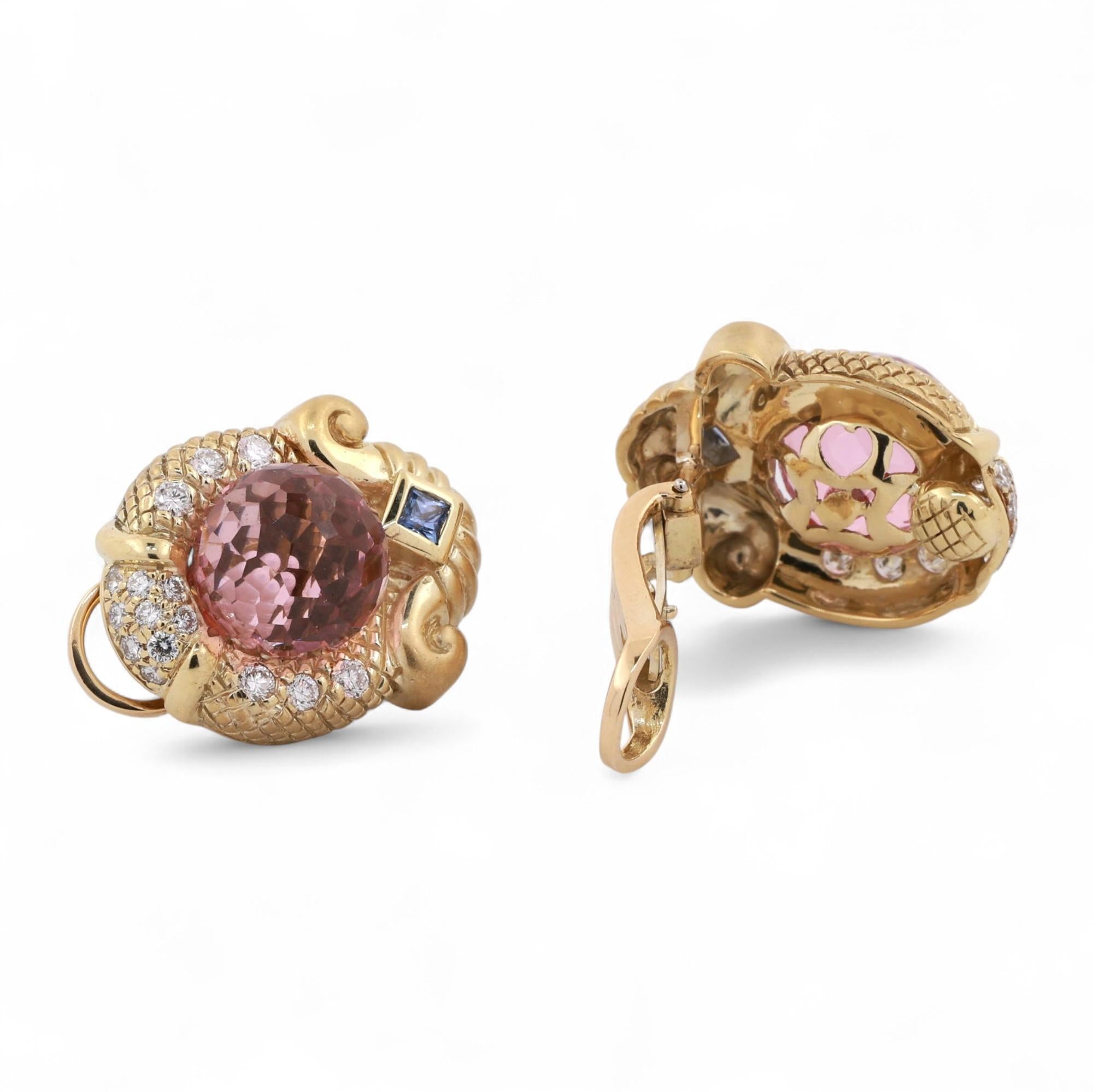 Pink And Blue Sapphire Diamond Earrings 18K Yellow Gold Clip On 1" Ladies Estate