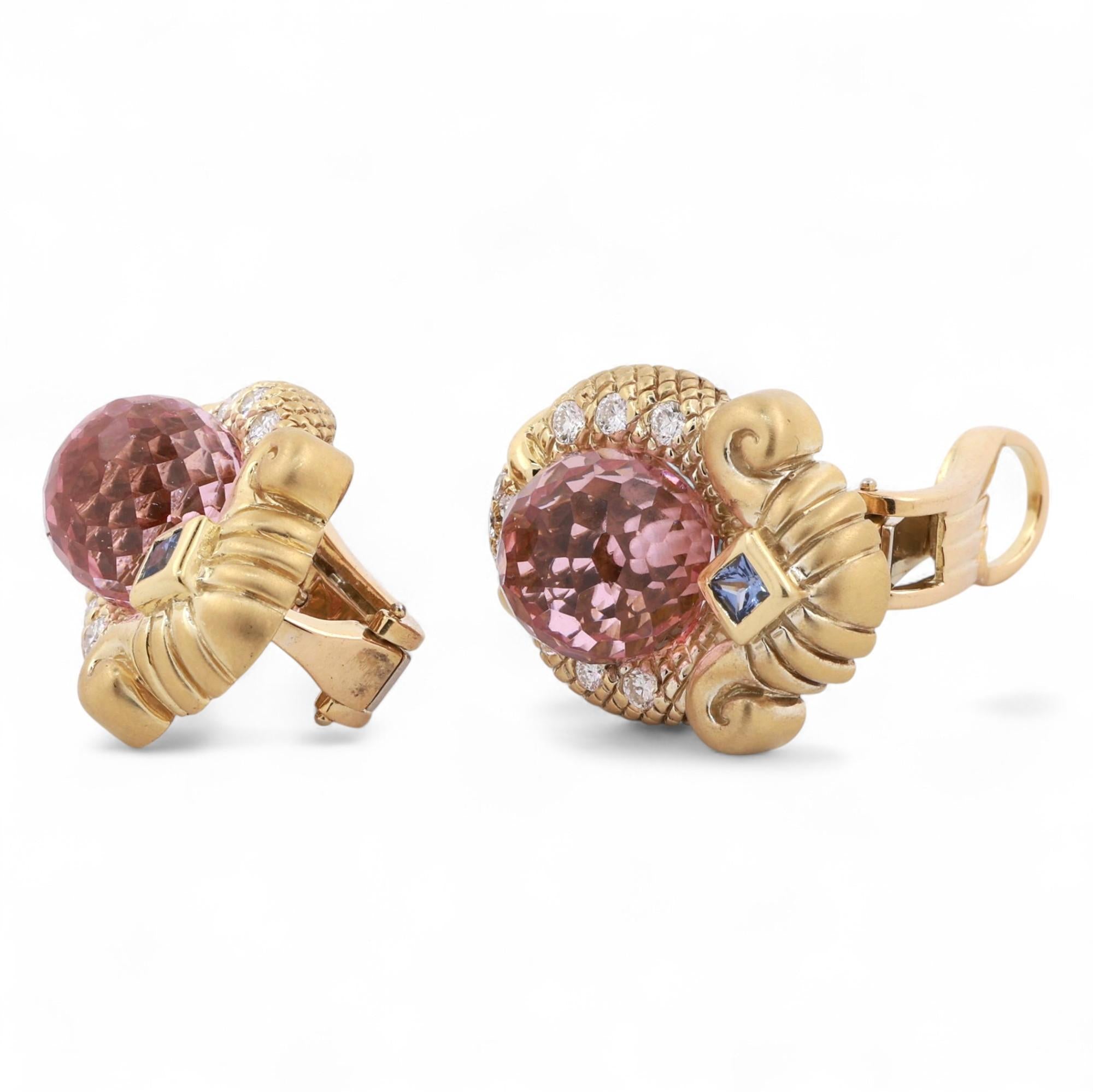 Pink And Blue Sapphire Diamond Earrings 18K Yellow Gold Clip On 1" Ladies Estate