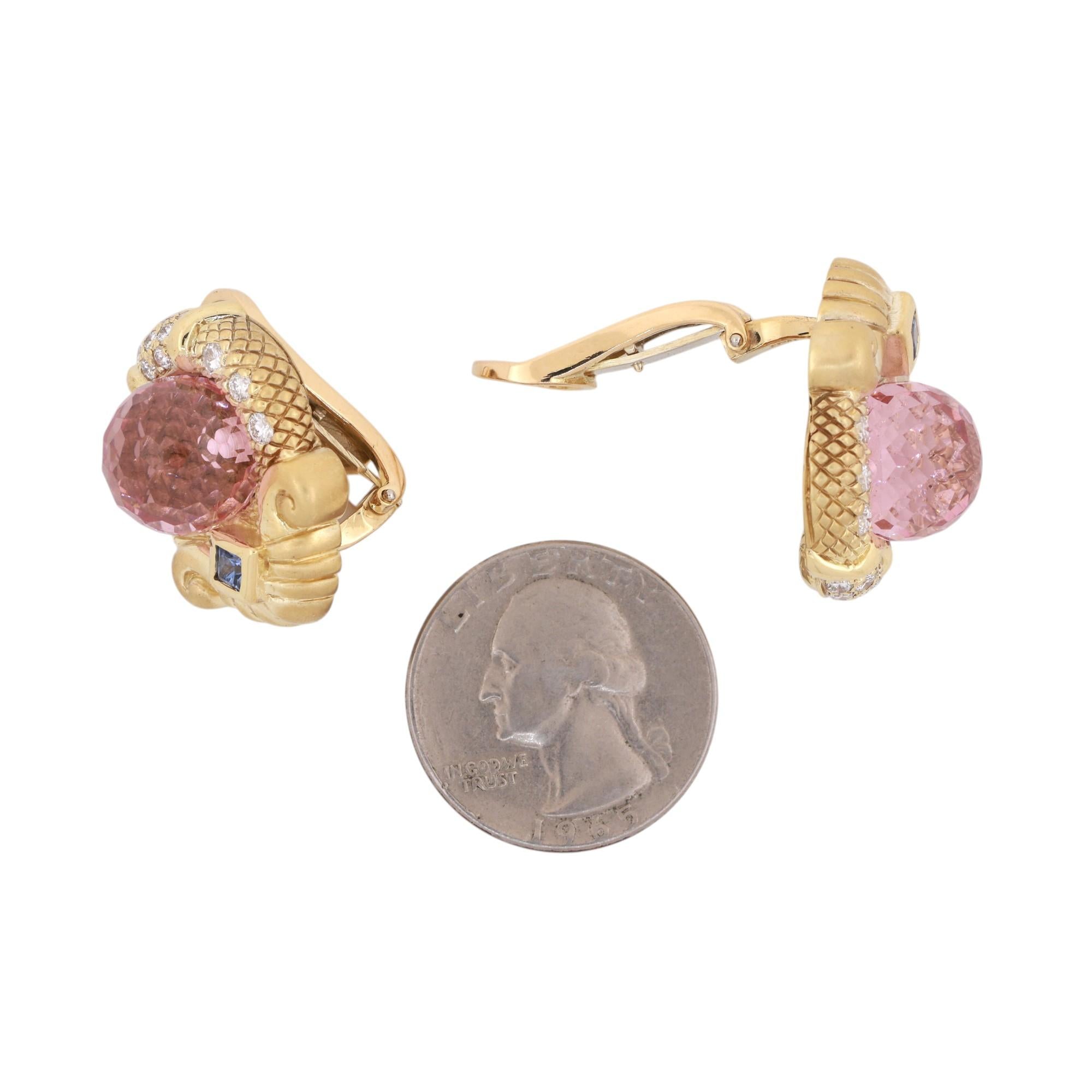 Pink And Blue Sapphire Diamond Earrings 18K Yellow Gold Clip On 1" Ladies Estate
