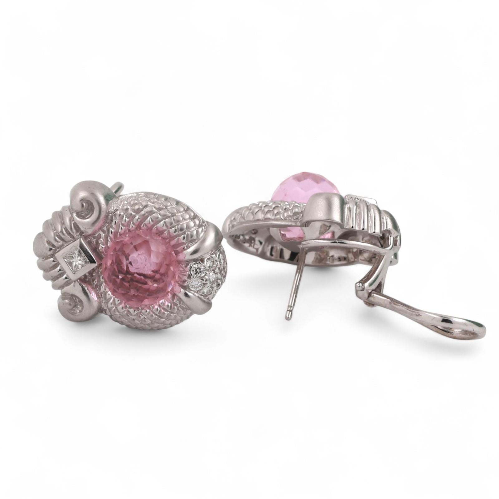 Judith Ripka Pink Topaz Diamond Earrings 18K White Gold Omega Backs 0.45"