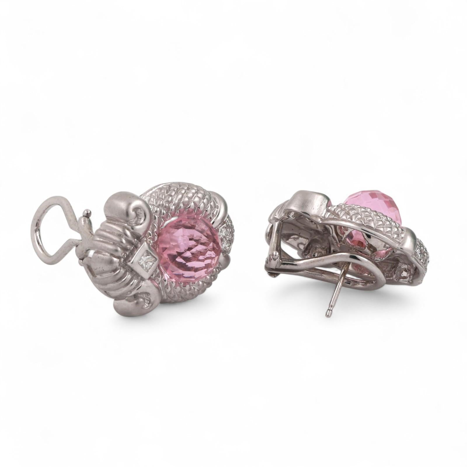 Judith Ripka Pink Topaz Diamond Earrings 18K White Gold Omega Backs 0.45"