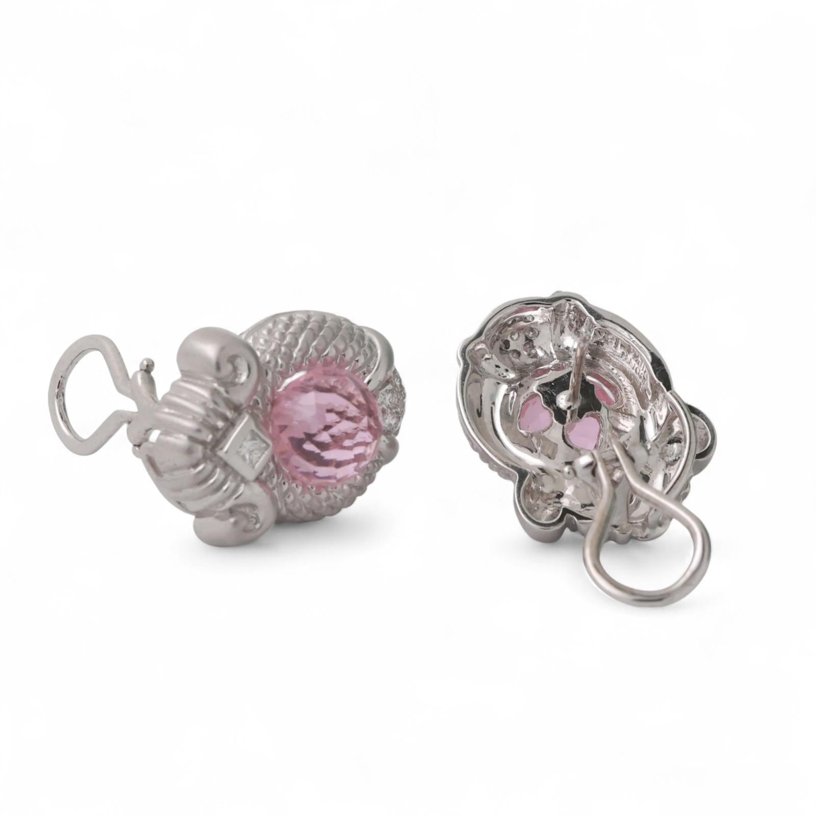 Judith Ripka Pink Topaz Diamond Earrings 18K White Gold Omega Backs 0.45"