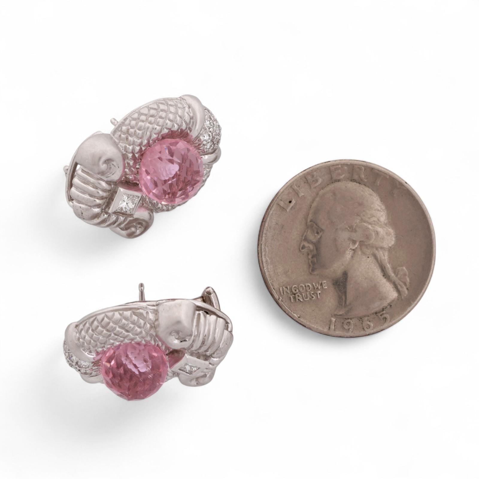 Judith Ripka Pink Topaz Diamond Earrings 18K White Gold Omega Backs 0.45"