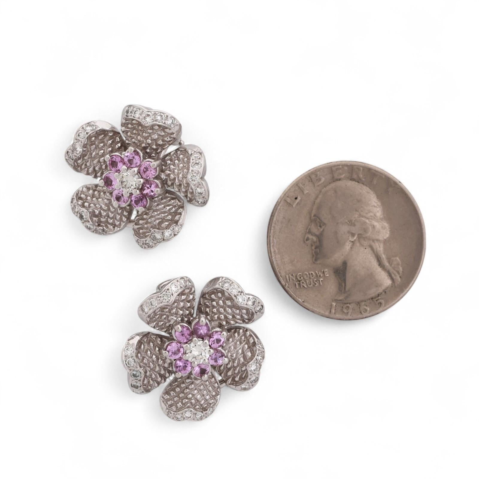 Judith Ripka Pink Sapphire Diamond Flower Clip On Earrings 18K Gold 2.25TW 0.80"