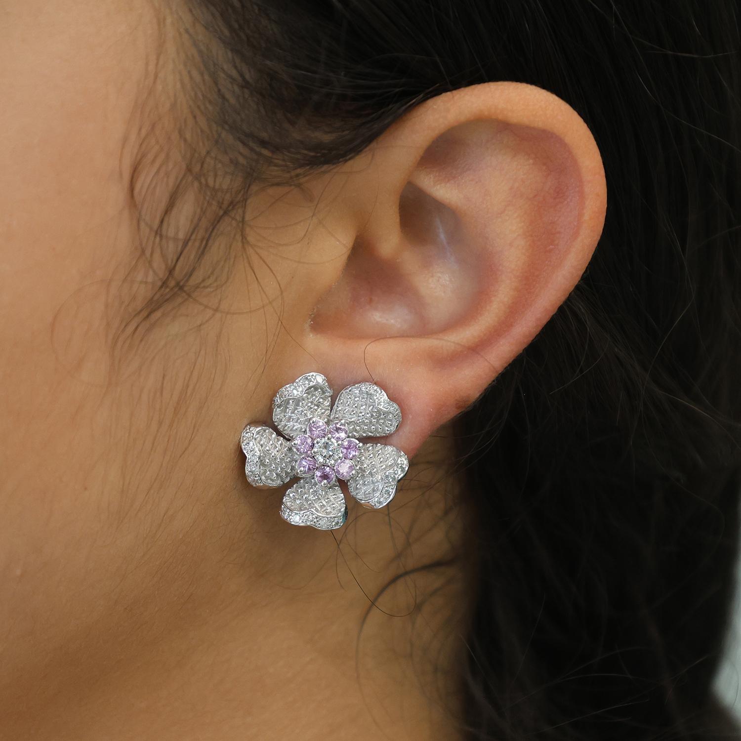 Judith Ripka Pink Sapphire Diamond Flower Clip On Earrings 18K Gold 2.25TW 0.80"