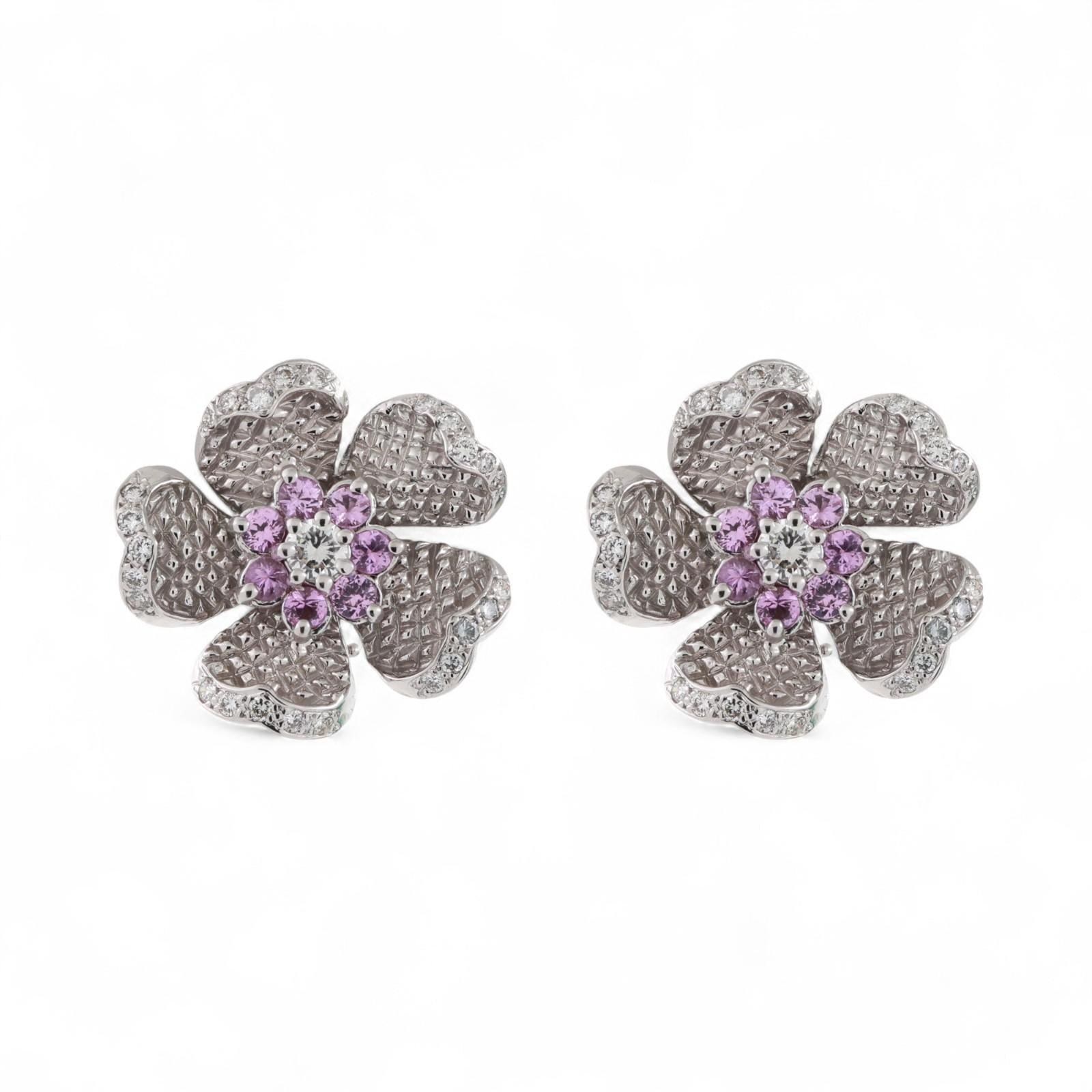 Judith Ripka Pink Sapphire Diamond Flower Clip On Earrings 18K Gold 2.25TW 0.80"