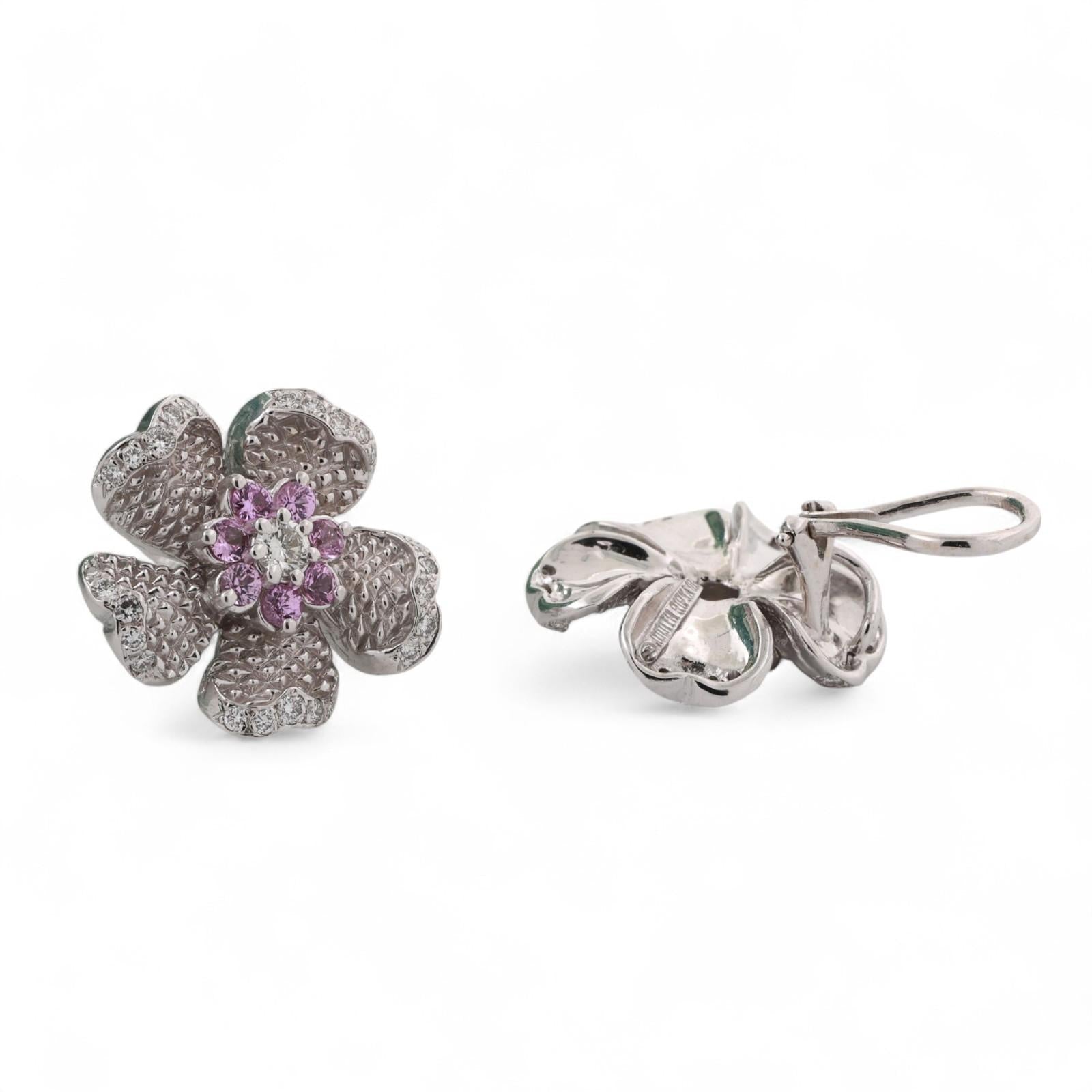 Judith Ripka Pink Sapphire Diamond Flower Clip On Earrings 18K Gold 2.25TW 0.80"