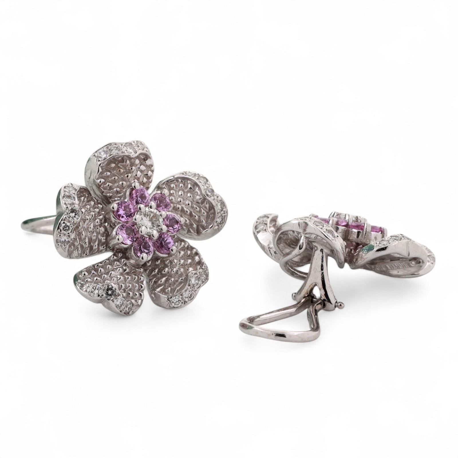 Judith Ripka Pink Sapphire Diamond Flower Clip On Earrings 18K Gold 2.25TW 0.80"