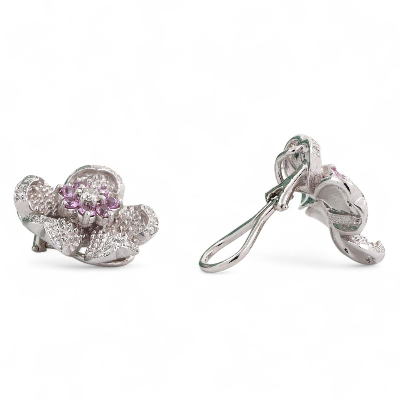 Judith Ripka Pink Sapphire Diamond Flower Clip On Earrings 18K Gold 2.25TW 0.80"