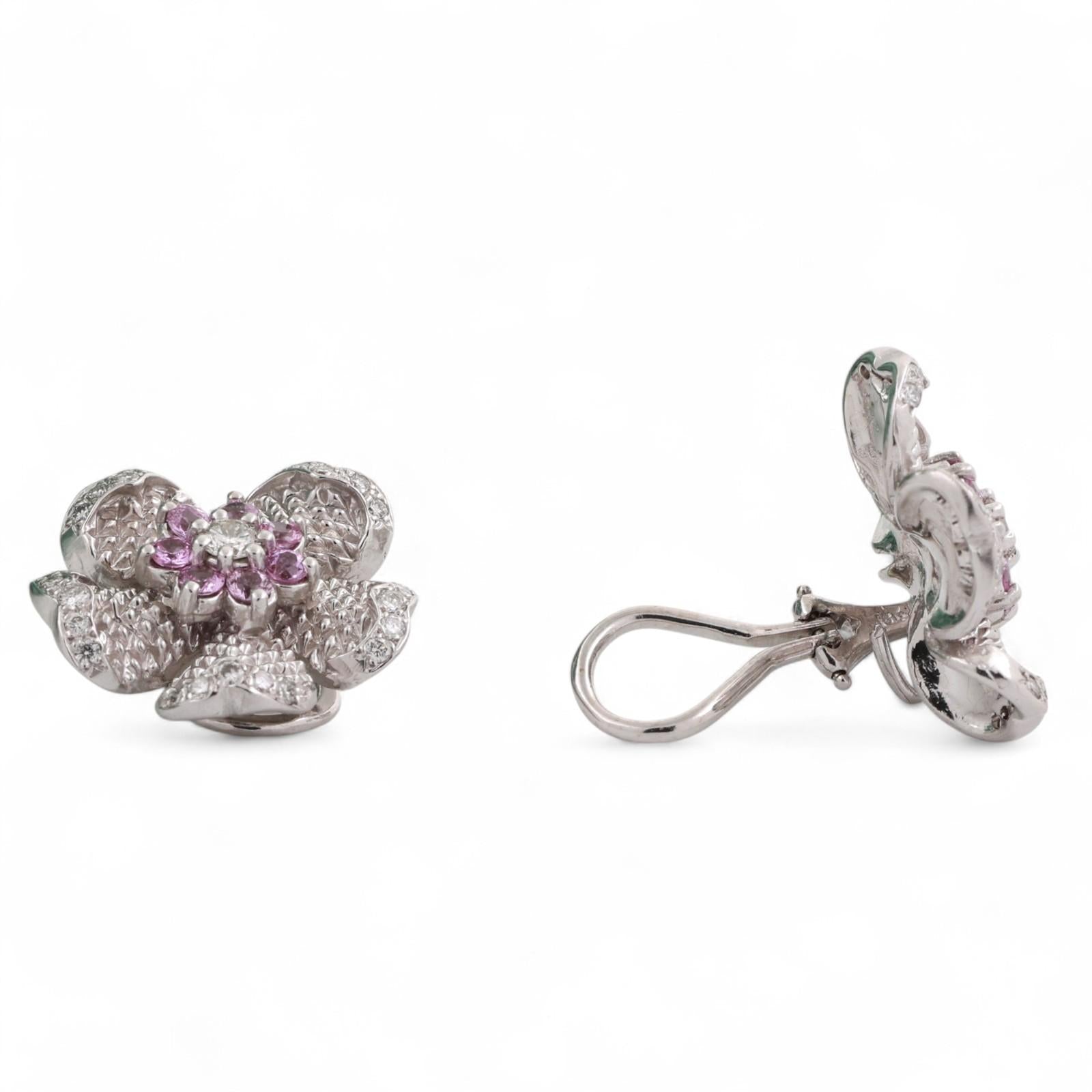 Judith Ripka Pink Sapphire Diamond Flower Clip On Earrings 18K Gold 2.25TW 0.80"