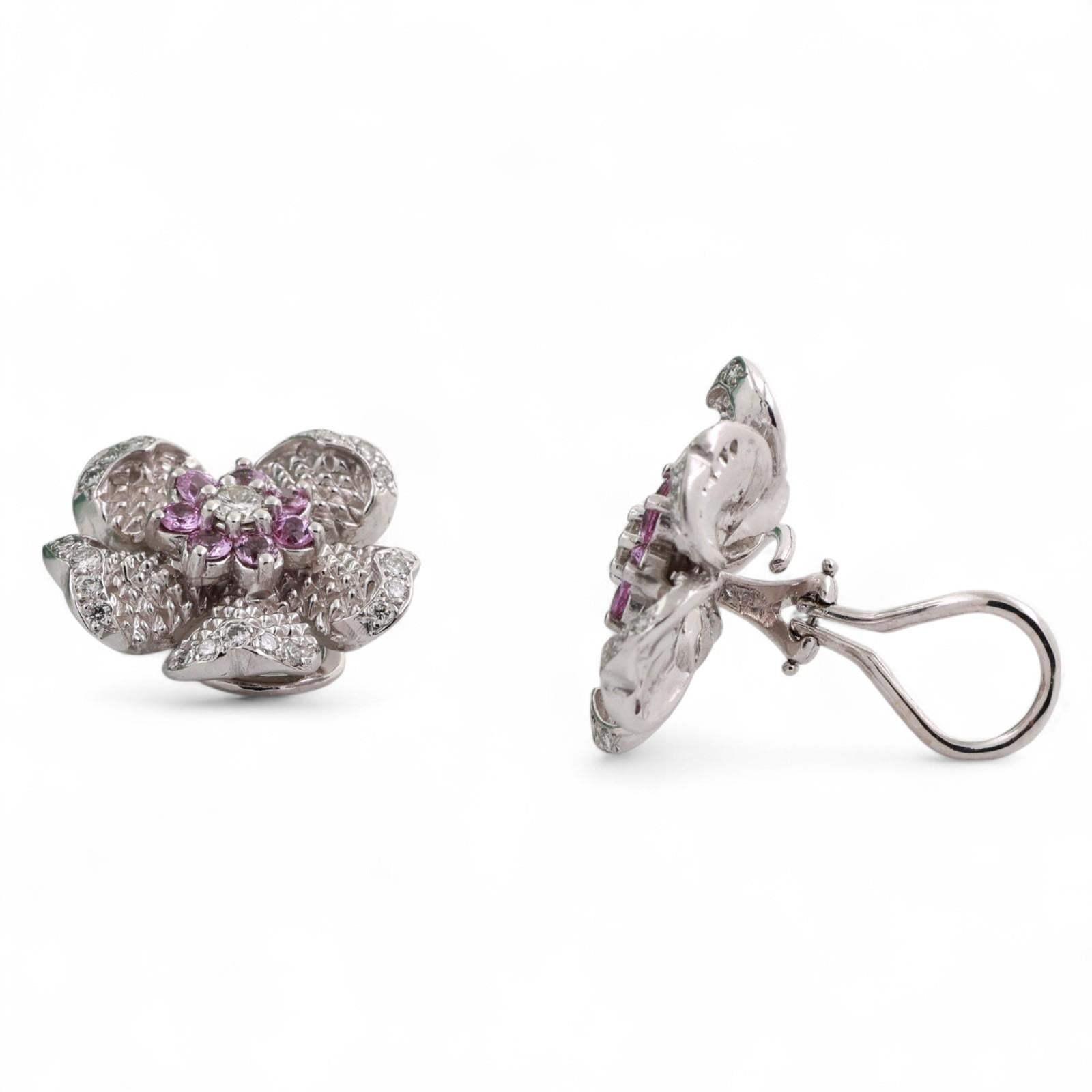 Judith Ripka Pink Sapphire Diamond Flower Clip On Earrings 18K Gold 2.25TW 0.80"