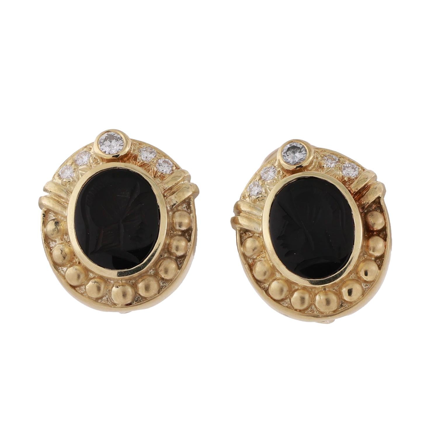 Judith Ripka Black Onyx Intaglio Diamond Clip On Earrings 18K Yellow Gold 0.78"