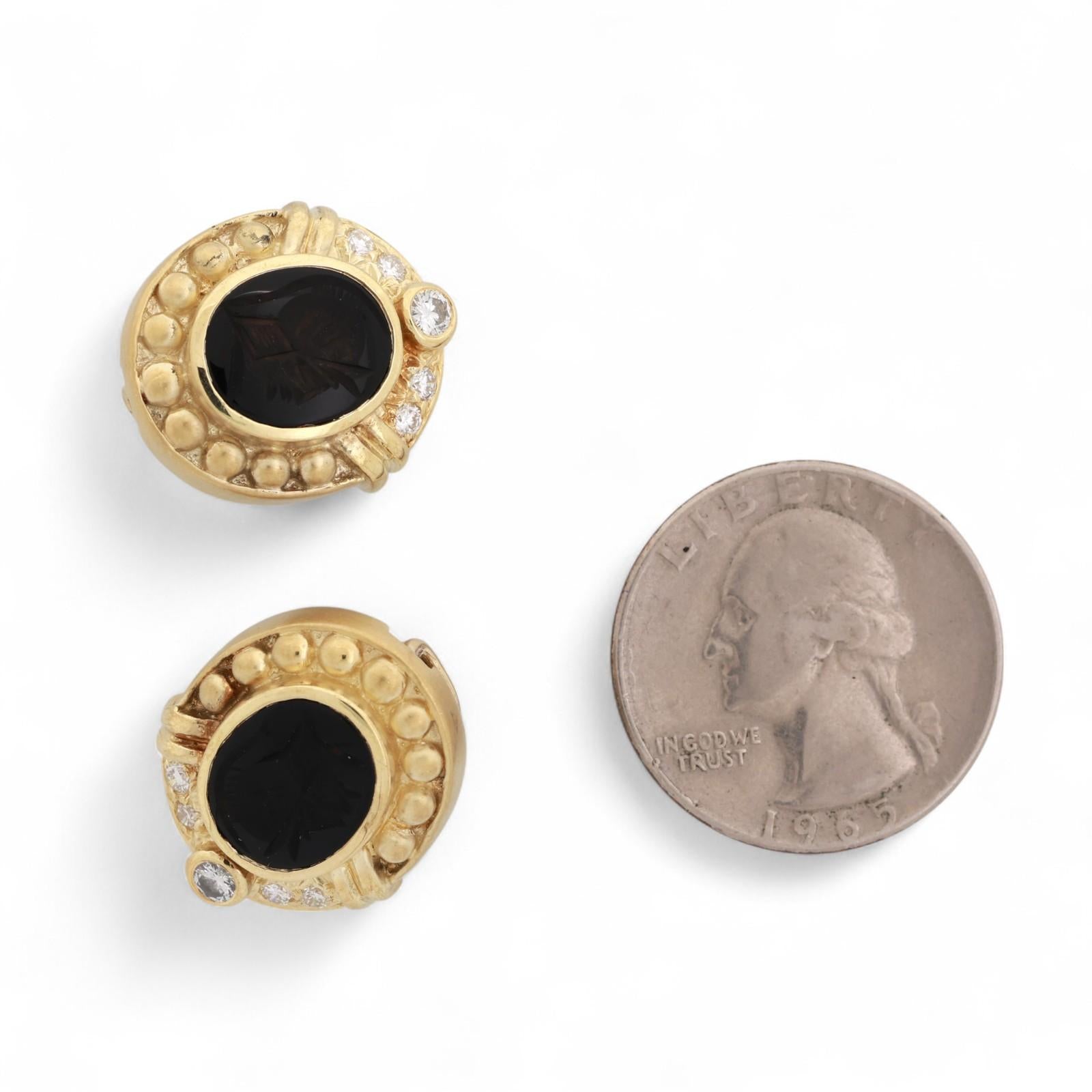Judith Ripka Black Onyx Intaglio Diamond Clip On Earrings 18K Yellow Gold 0.78"