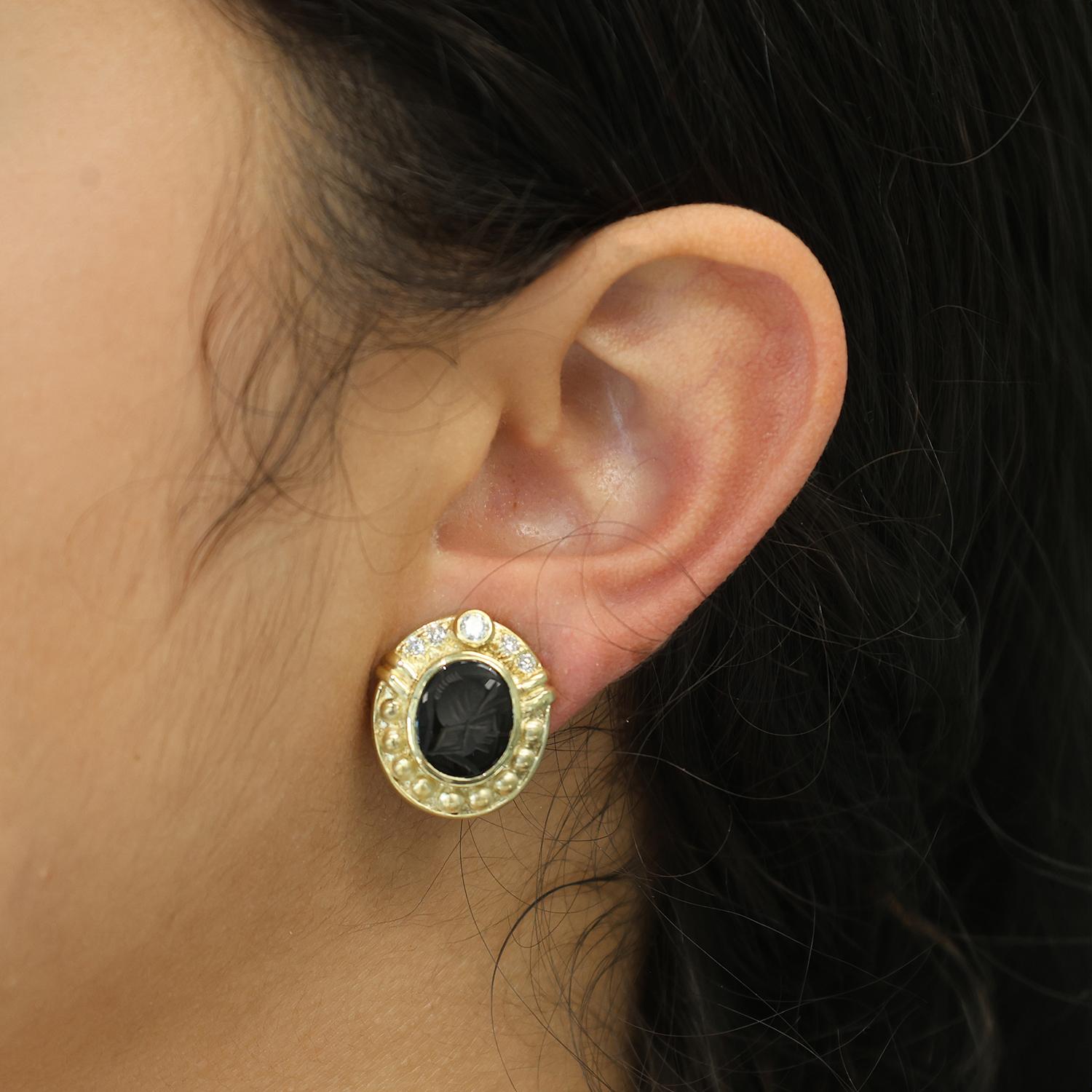 Judith Ripka Black Onyx Intaglio Diamond Clip On Earrings 18K Yellow Gold 0.78"