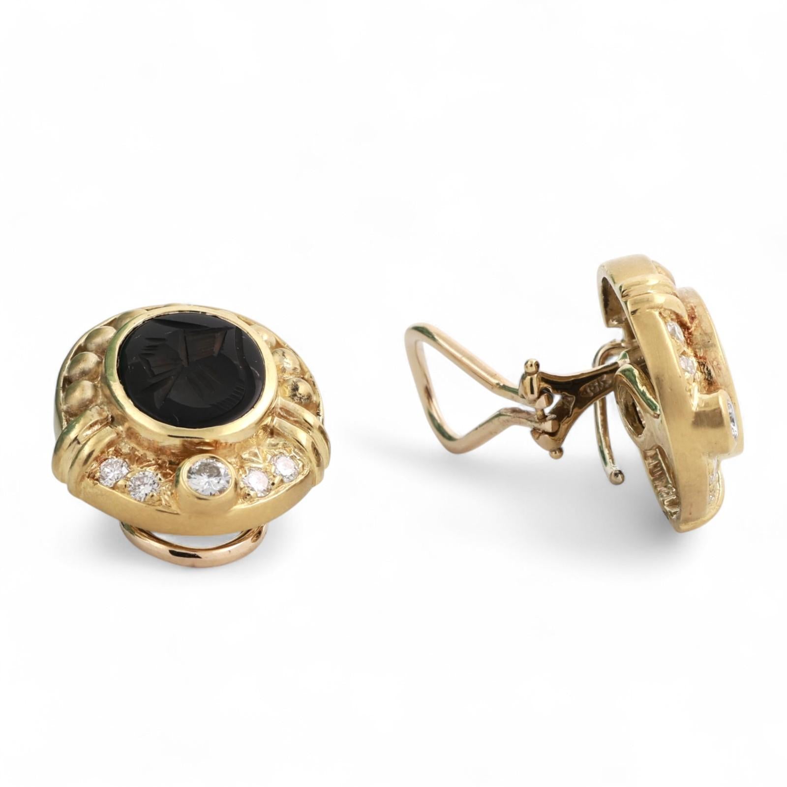 Judith Ripka Black Onyx Intaglio Diamond Clip On Earrings 18K Yellow Gold 0.78"