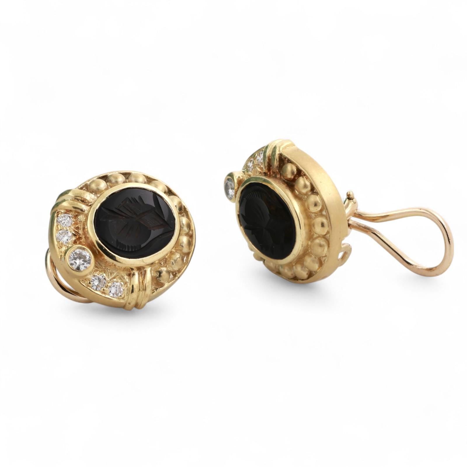 Judith Ripka Black Onyx Intaglio Diamond Clip On Earrings 18K Yellow Gold 0.78"