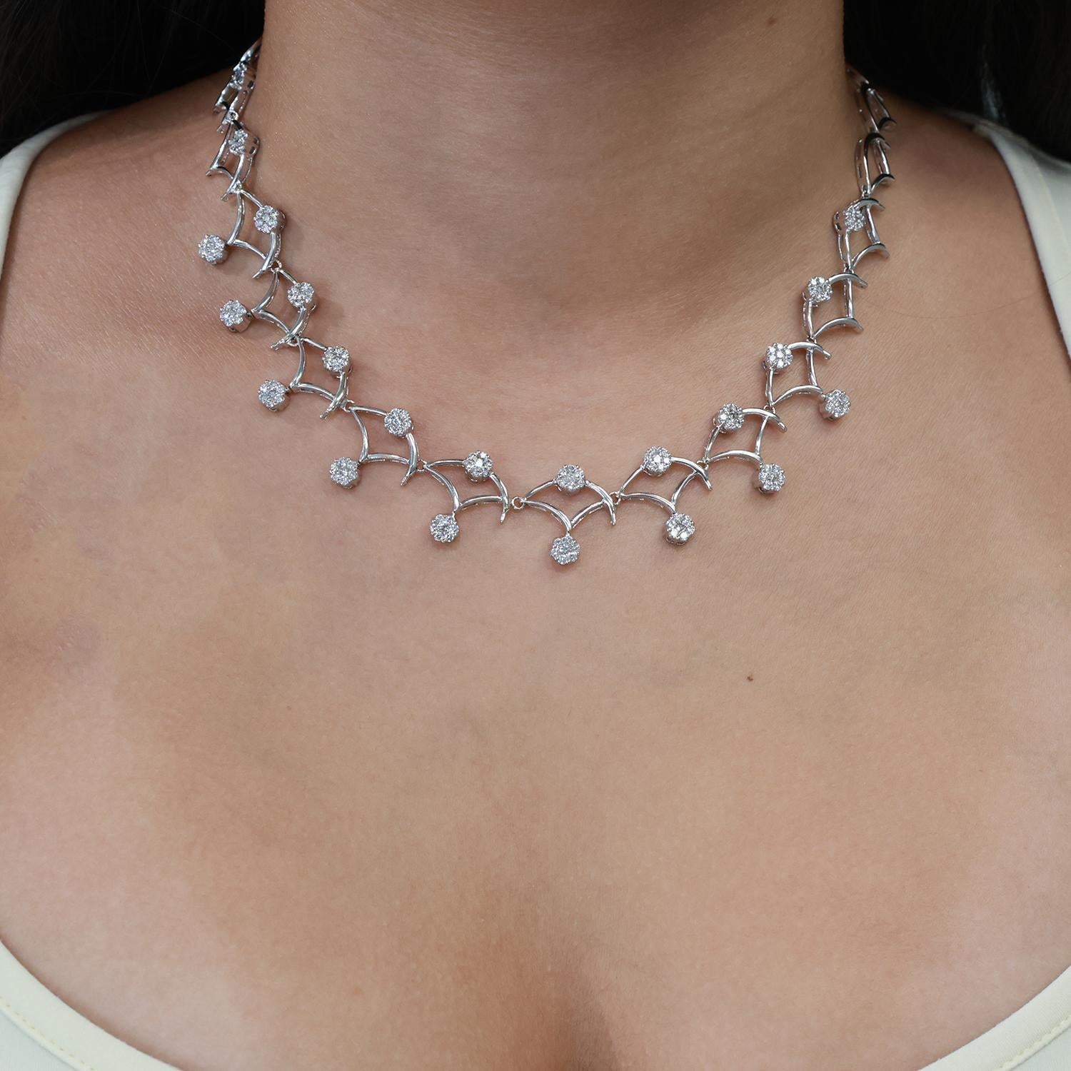 4.00 TW Diamond Flower Station Necklace 18K White Gold Swirl 17.5" Ladies Estate