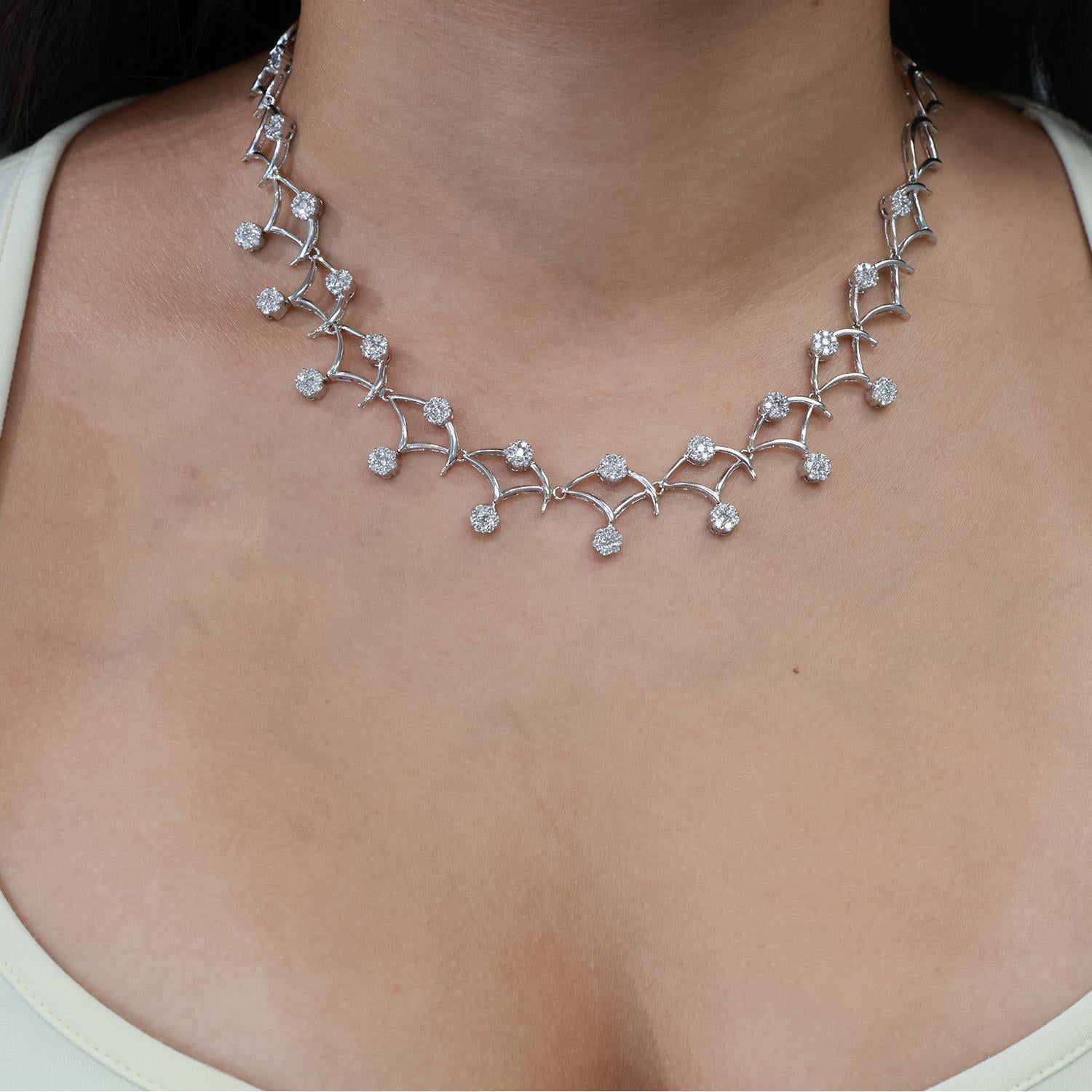 4.00 TW Diamond Flower Station Necklace 18K White Gold Swirl 17.5" Ladies Estate