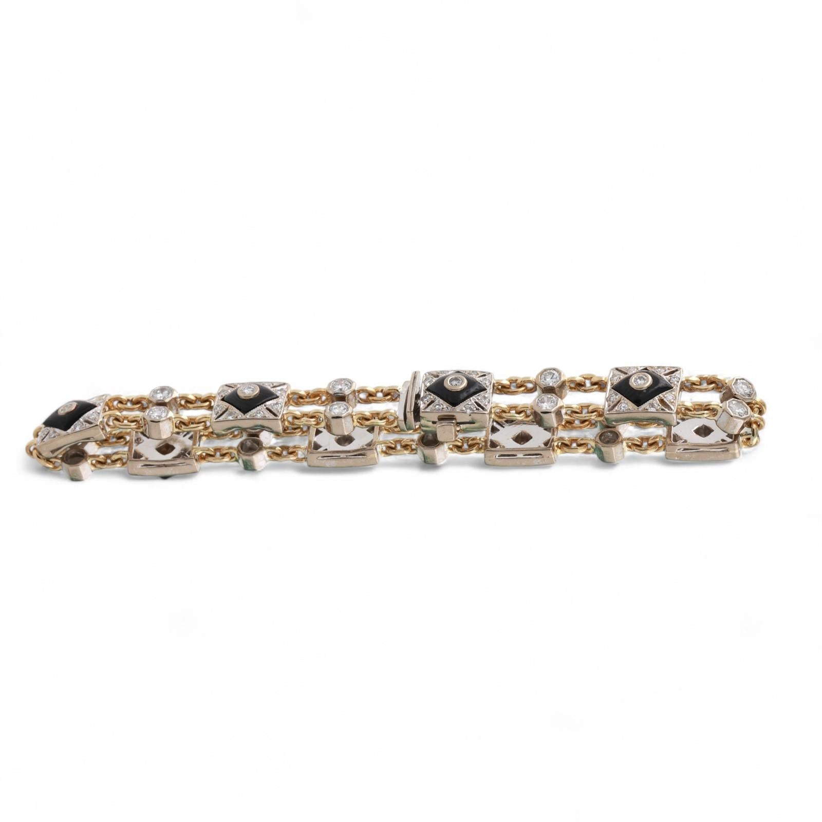 18KT Gold Diamond Onyx Station Bracelet 6.5" Ladies Vintage Estate
