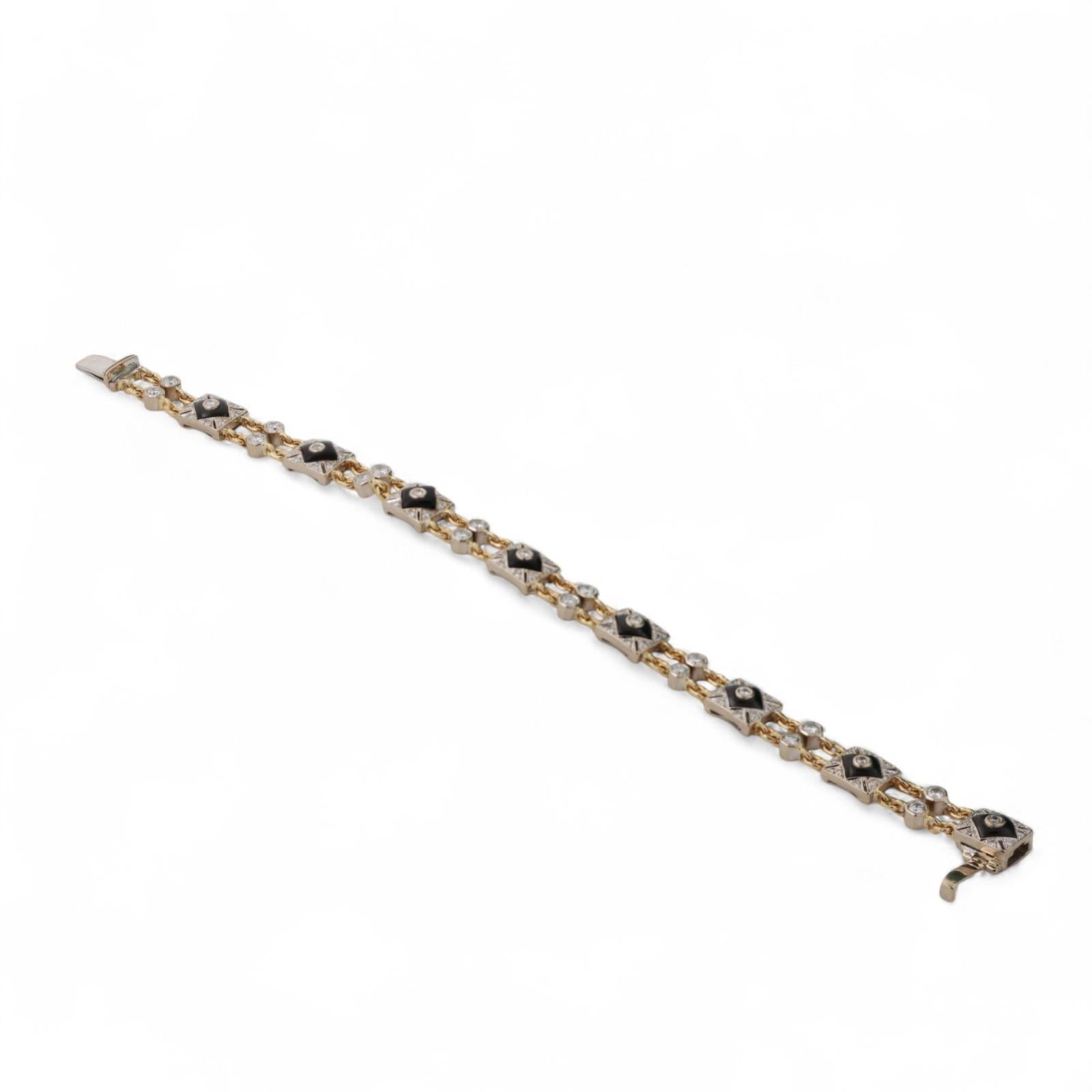 18KT Gold Diamond Onyx Station Bracelet 6.5" Ladies Vintage Estate