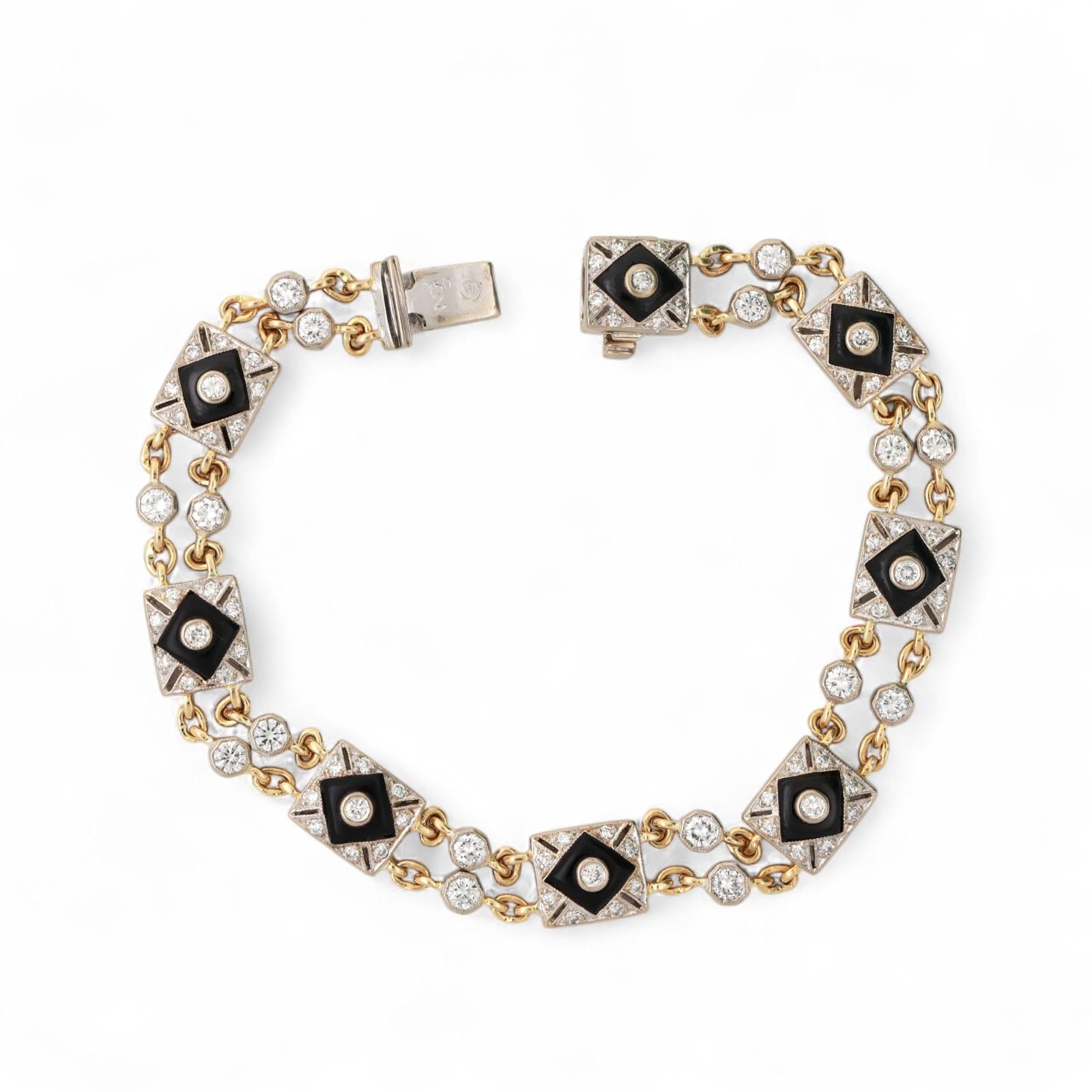 18KT Gold Diamond Onyx Station Bracelet 6.5" Ladies Vintage Estate