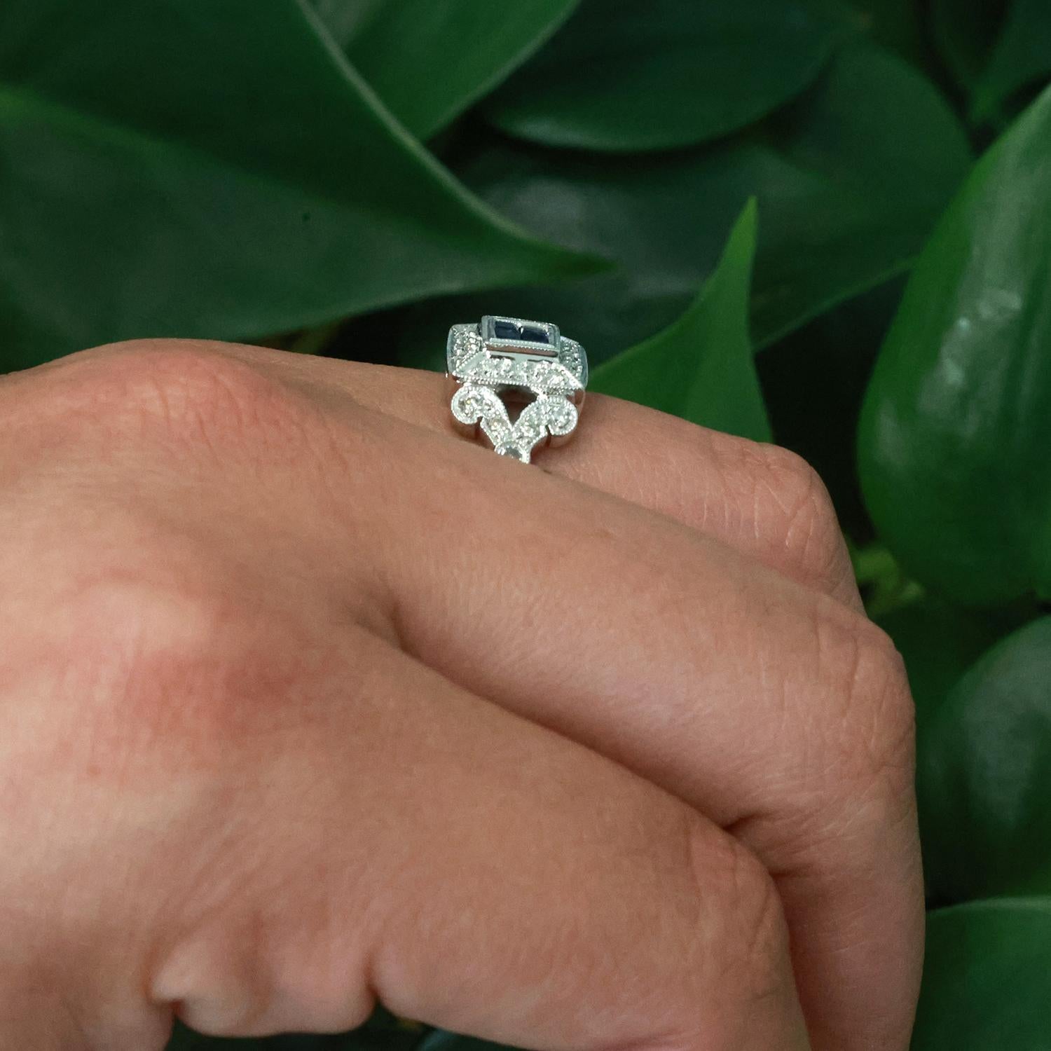 Blue Sapphire Diamond Square Halo Ring 18K White Gold 0.56 CTW Size 6.75