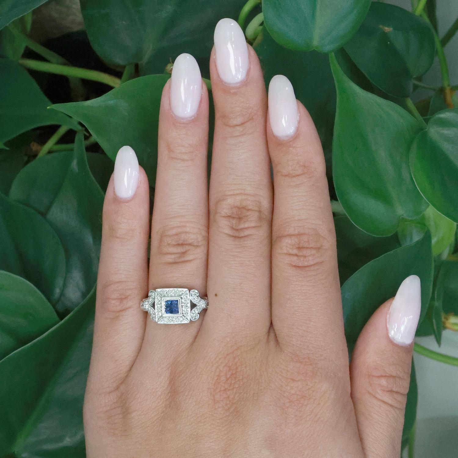 Blue Sapphire Diamond Square Halo Ring 18K White Gold 0.56 CTW Size 6.75