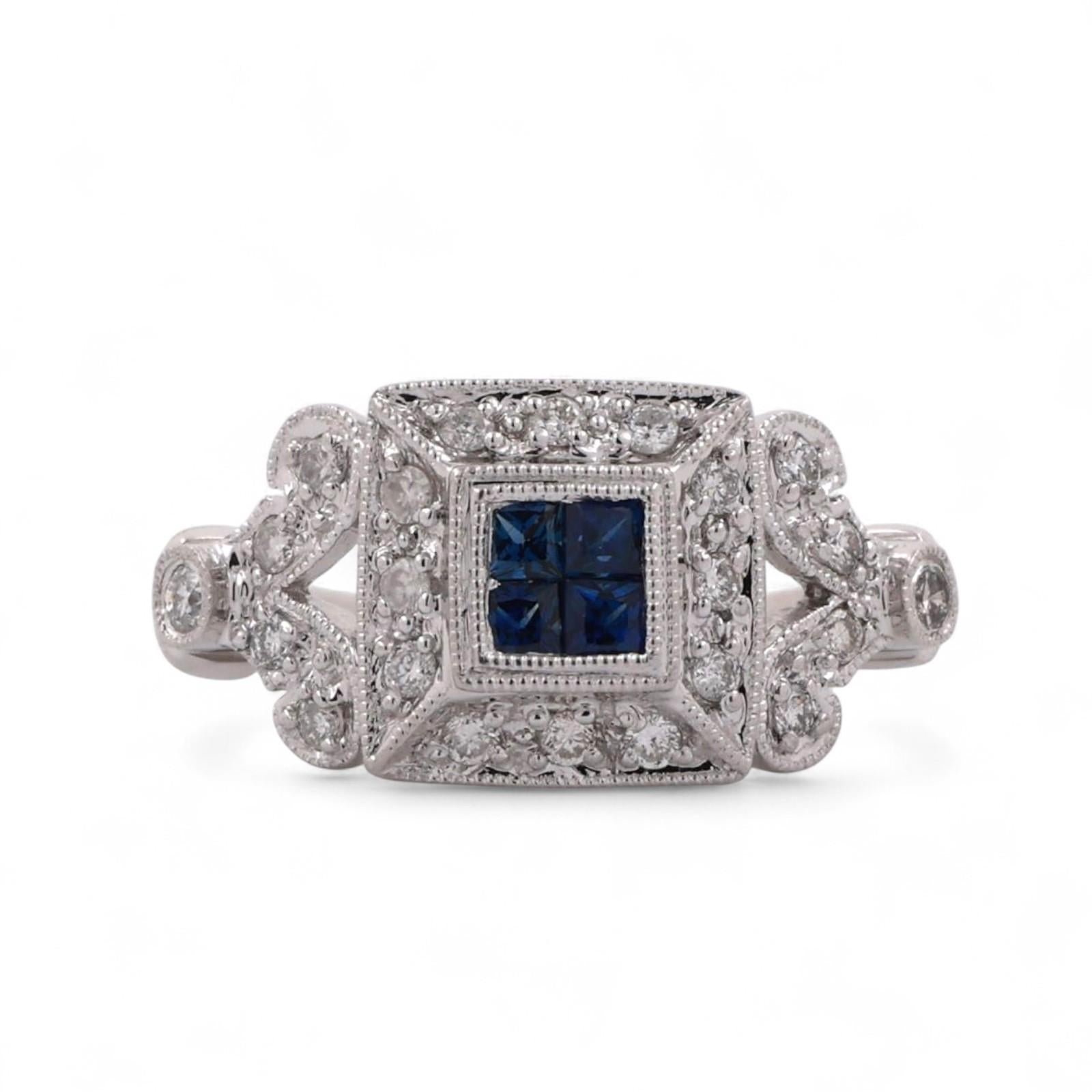 Blue Sapphire Diamond Square Halo Ring 18K White Gold 0.56 CTW Size 6.75