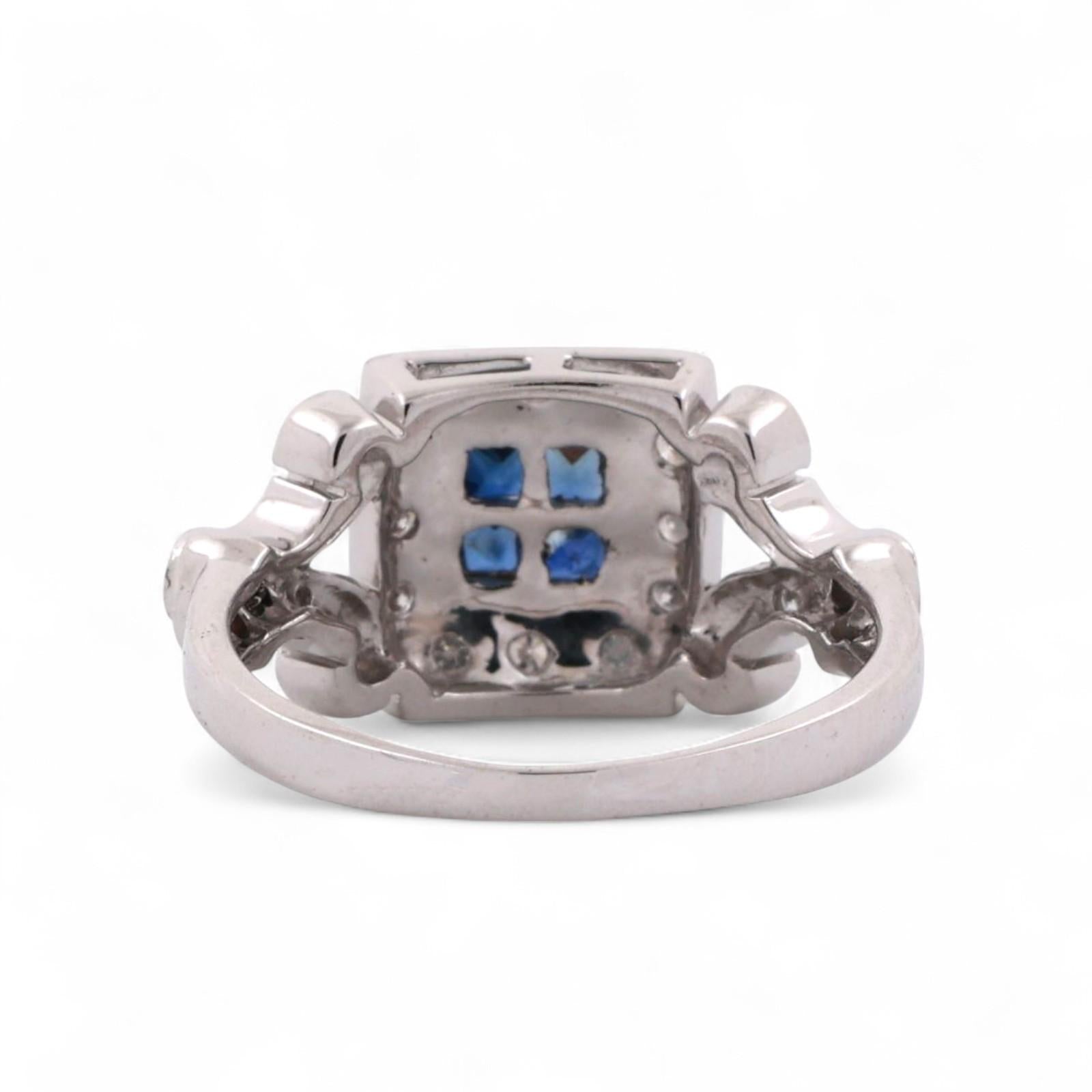 Blue Sapphire Diamond Square Halo Ring 18K White Gold 0.56 CTW Size 6.75