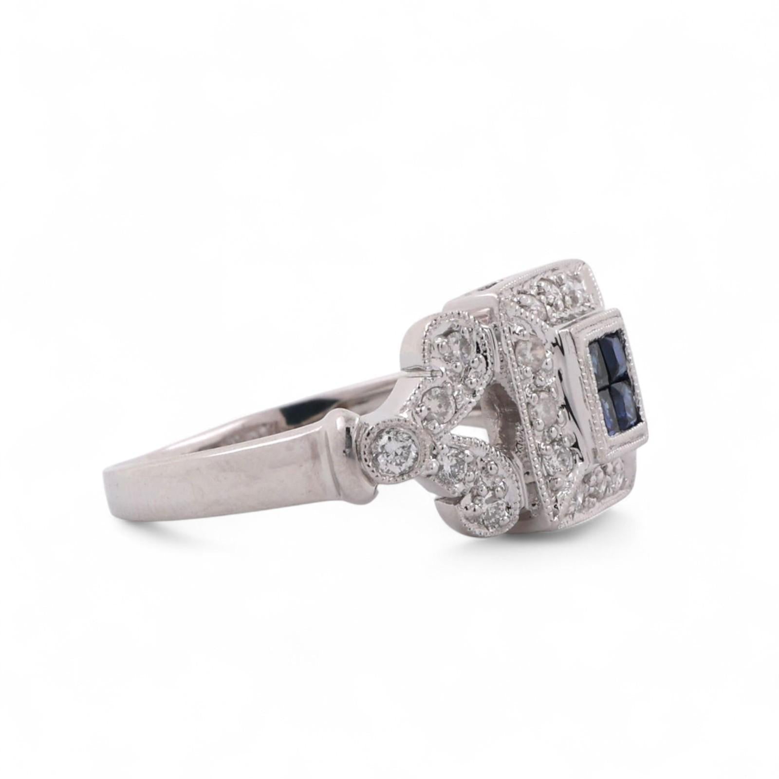 Blue Sapphire Diamond Square Halo Ring 18K White Gold 0.56 CTW Size 6.75