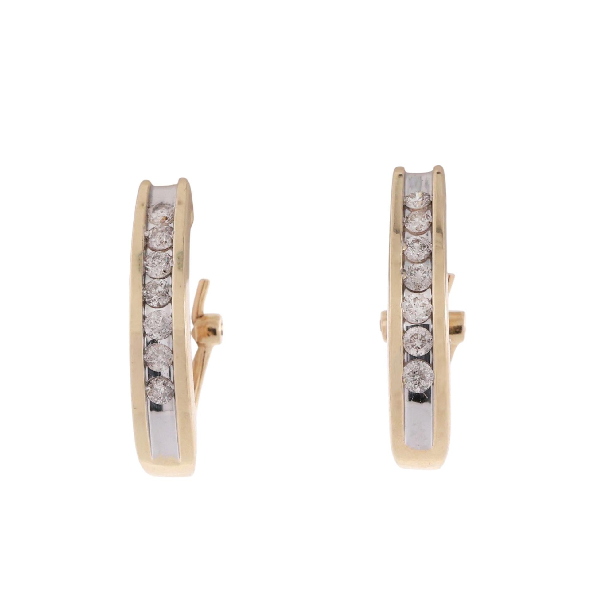 Diamond J Hoop Earrings 14K Gold 0.63 TW Channel Setting Omega Backs 0.70"