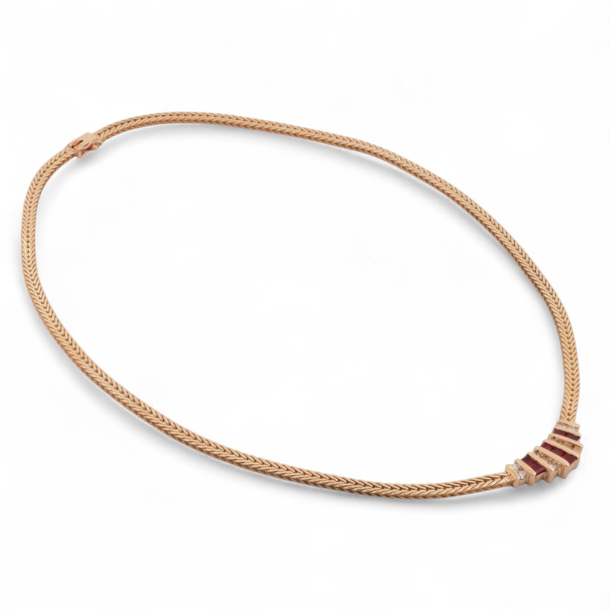 Ruby Diamond Foxtail Chain Necklace 14K Yellow Gold 0.97 CTW 16.25" Estate