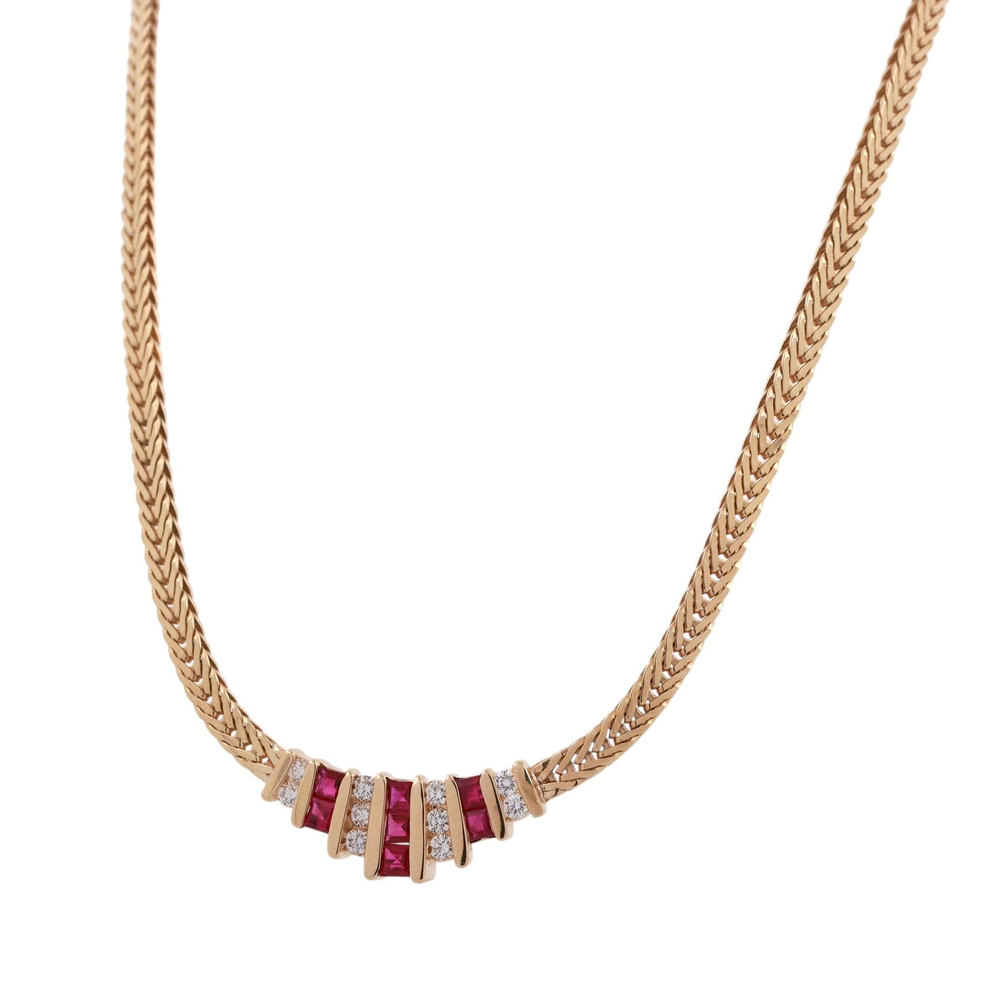Ruby Diamond Foxtail Chain Necklace 14K Yellow Gold 0.97 CTW 16.25" Estate