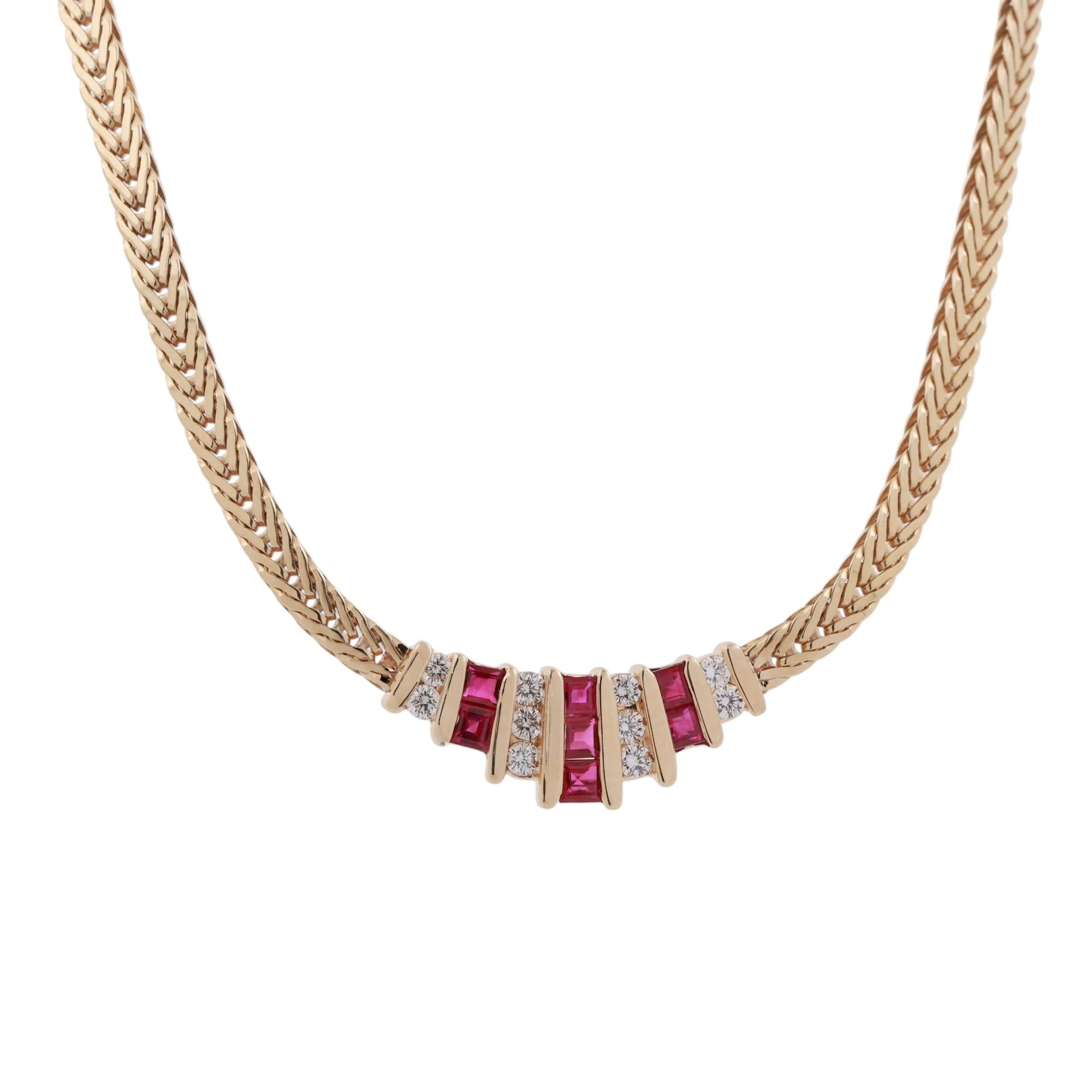Ruby Diamond Foxtail Chain Necklace 14K Yellow Gold 0.97 CTW 16.25" Estate