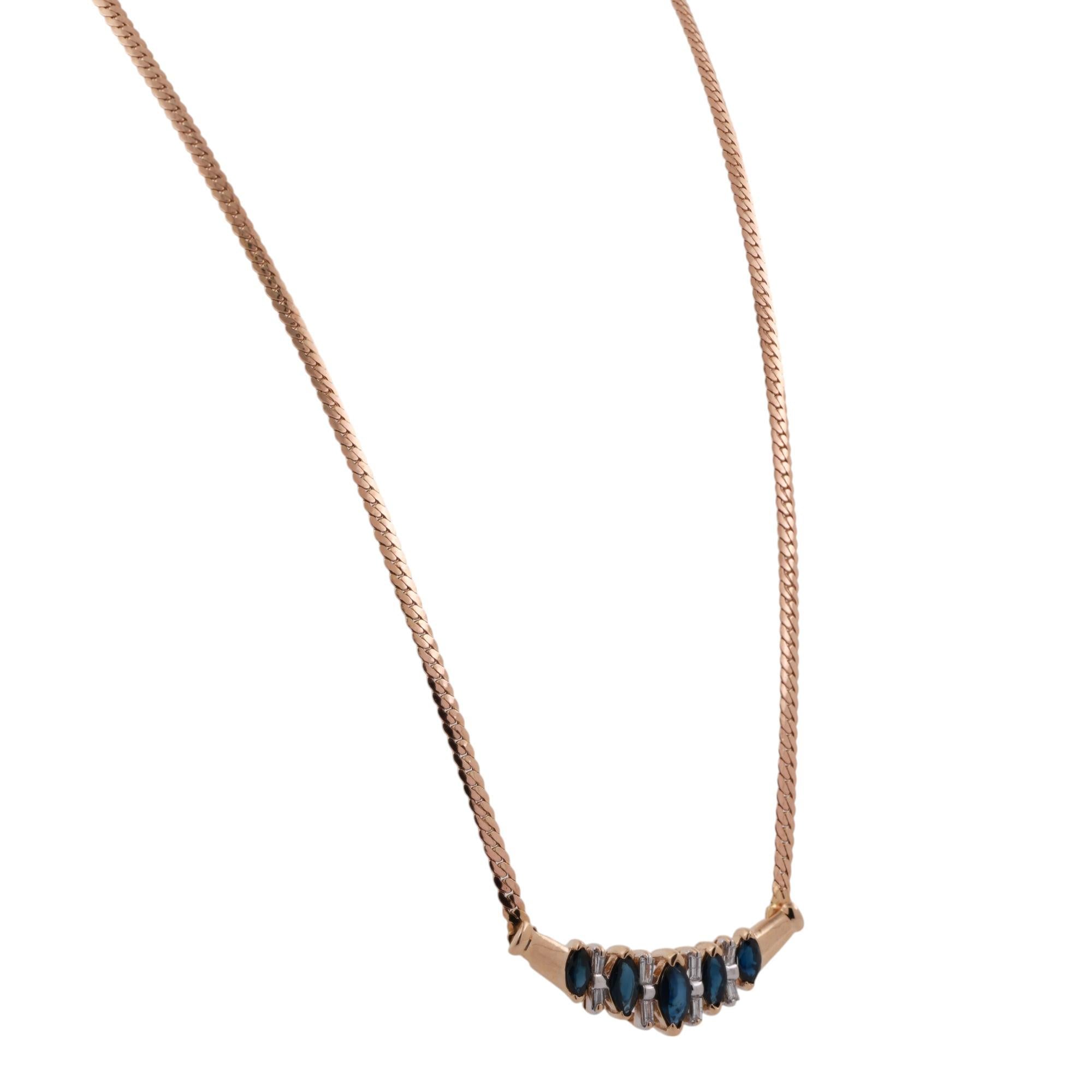 Sapphire Diamond Necklace 14K Yellow Gold 1.39 CTW Marquise Gems 16.25" Estate