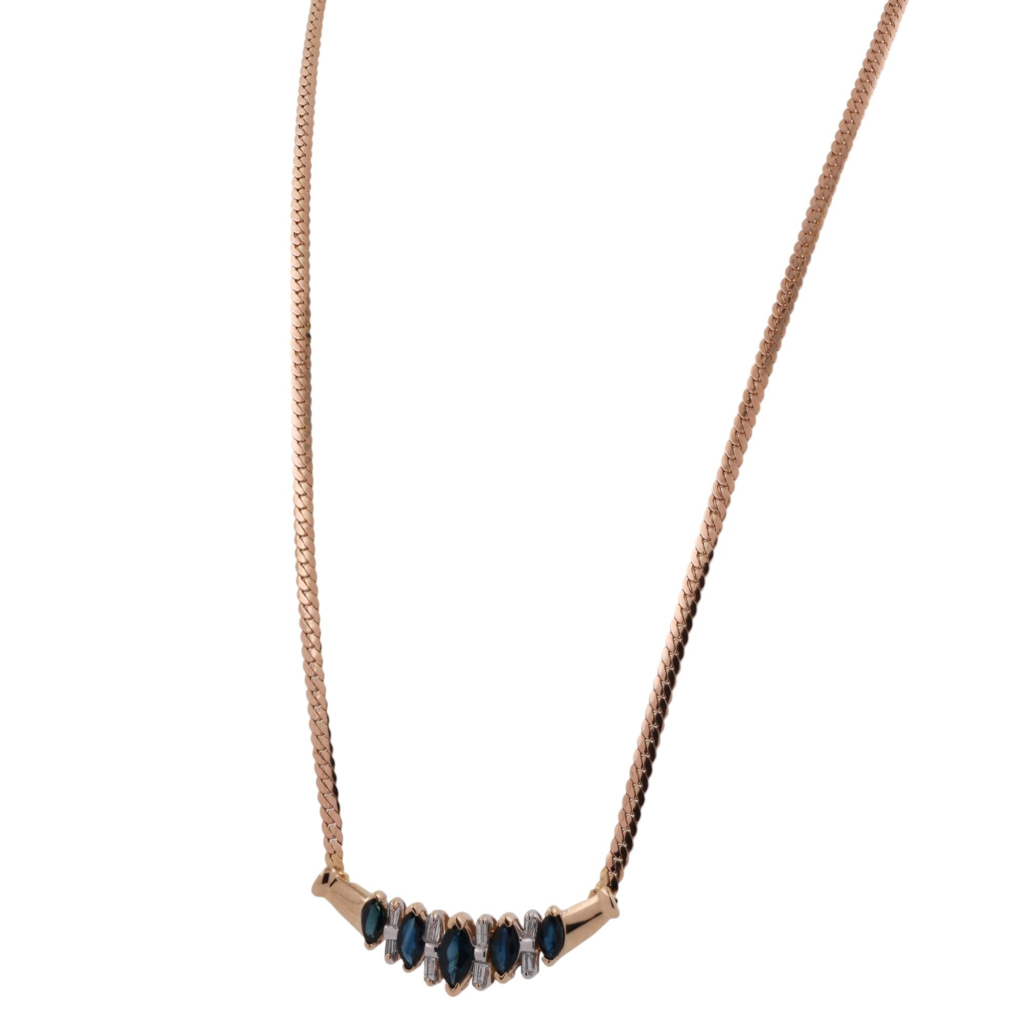 Sapphire Diamond Necklace 14K Yellow Gold 1.39 CTW Marquise Gems 16.25" Estate