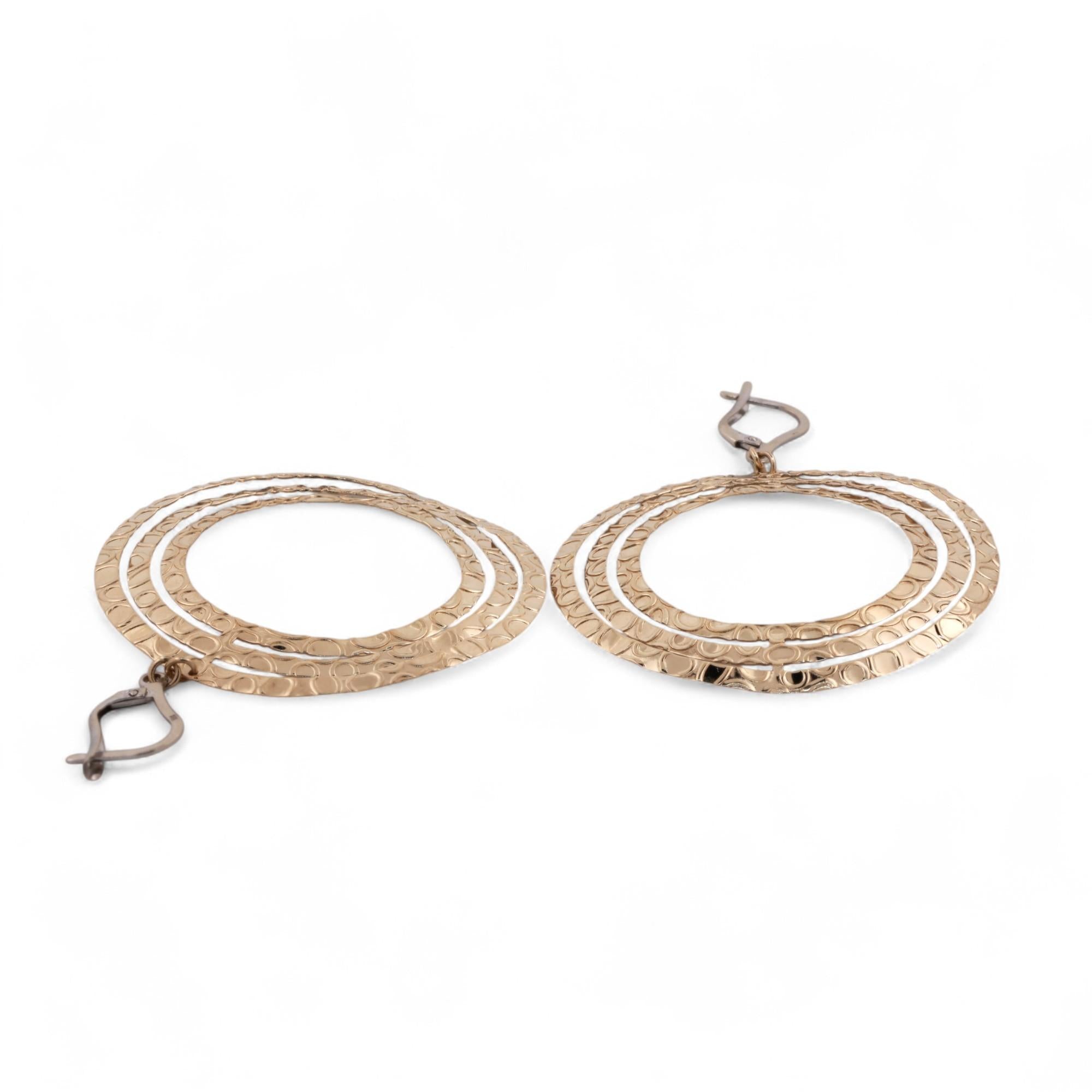 Tri Circle Drop Dangle Earrings 14K Gold Snap Clasps 2.55" Ladies Estate