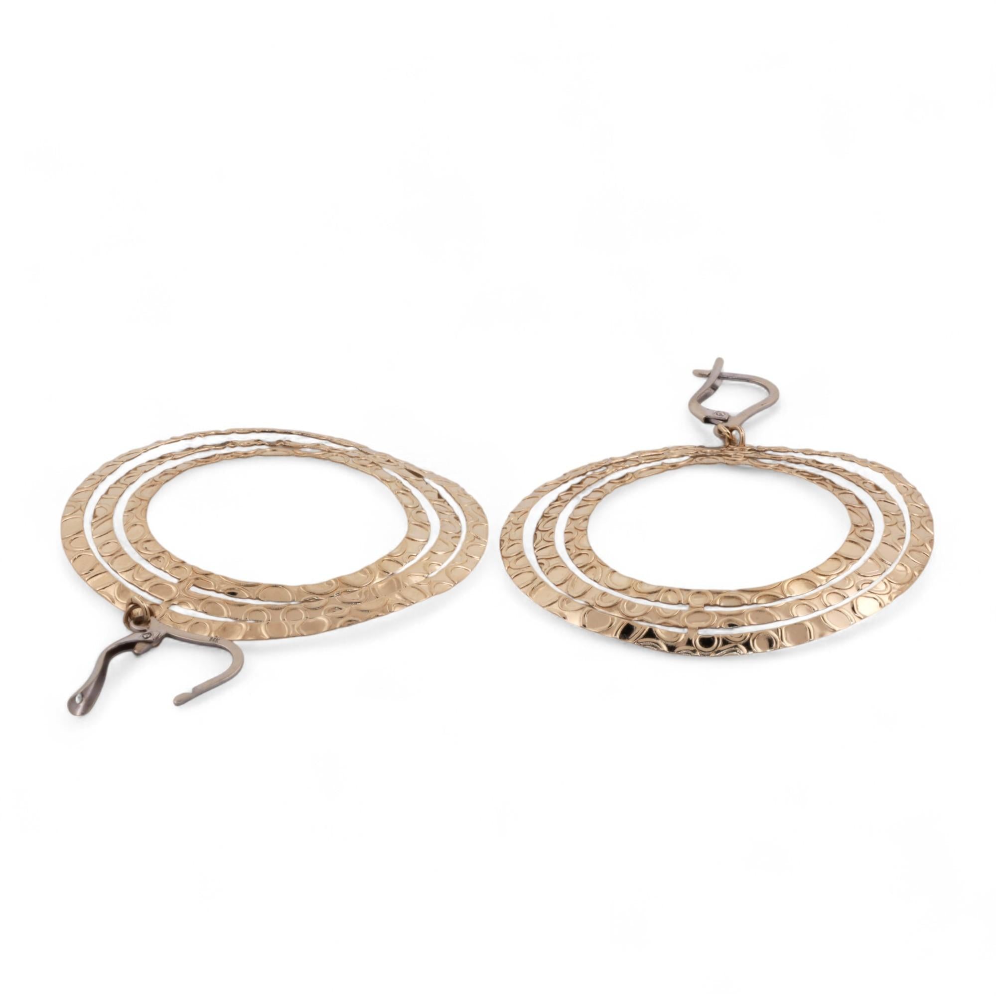 Tri Circle Drop Dangle Earrings 14K Gold Snap Clasps 2.55" Ladies Estate