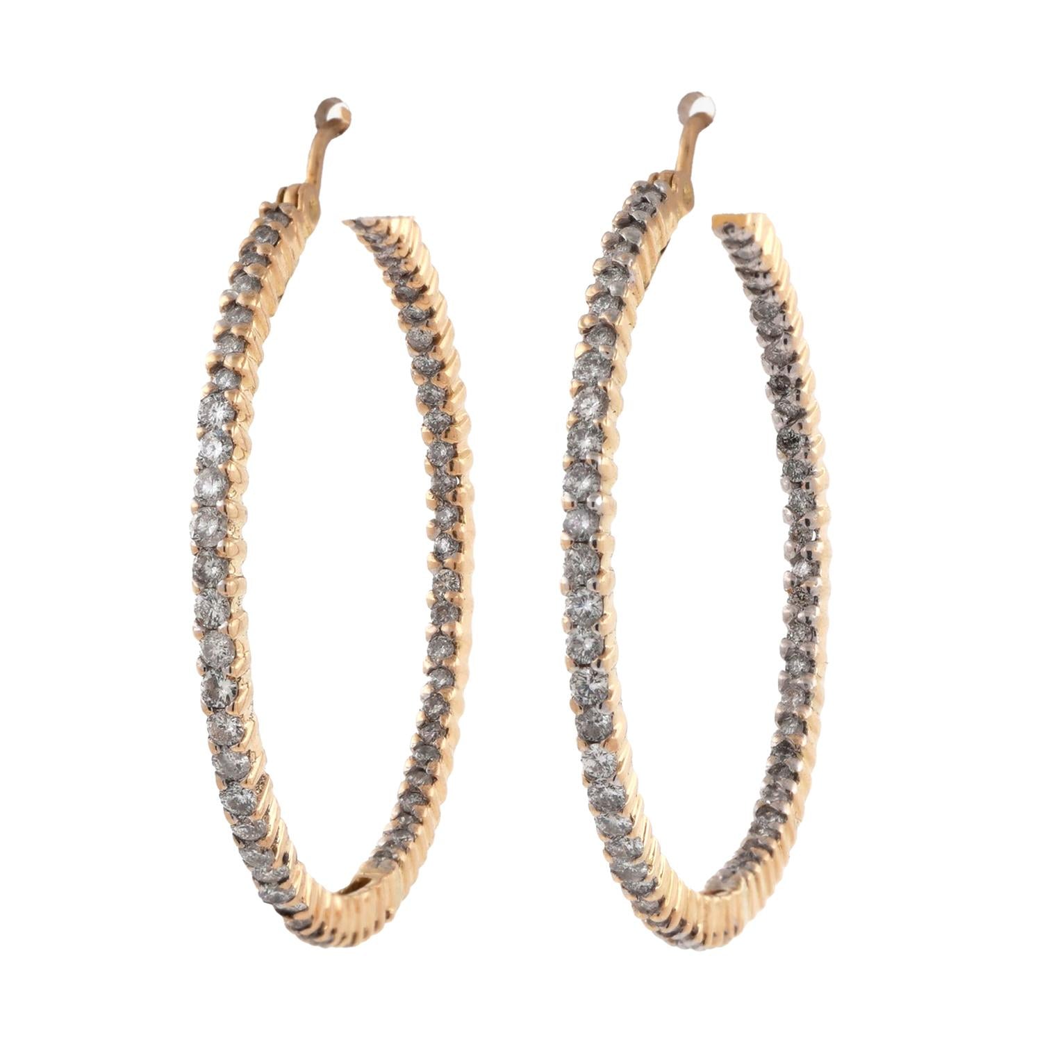 Inside Out Diamond Round Hoop Earrings 18K Yellow Gold 1.74 TW 1.55"