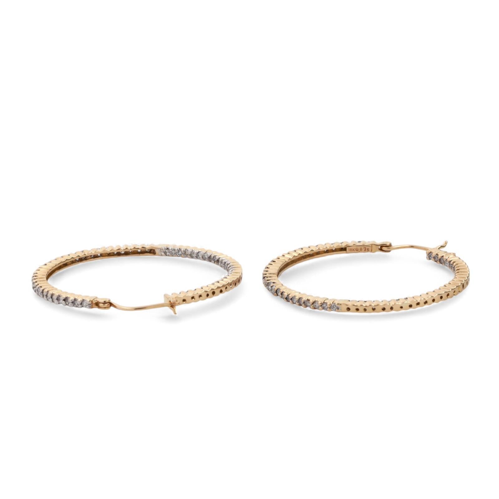 Inside Out Diamond Round Hoop Earrings 18K Yellow Gold 1.74 TW 1.55"