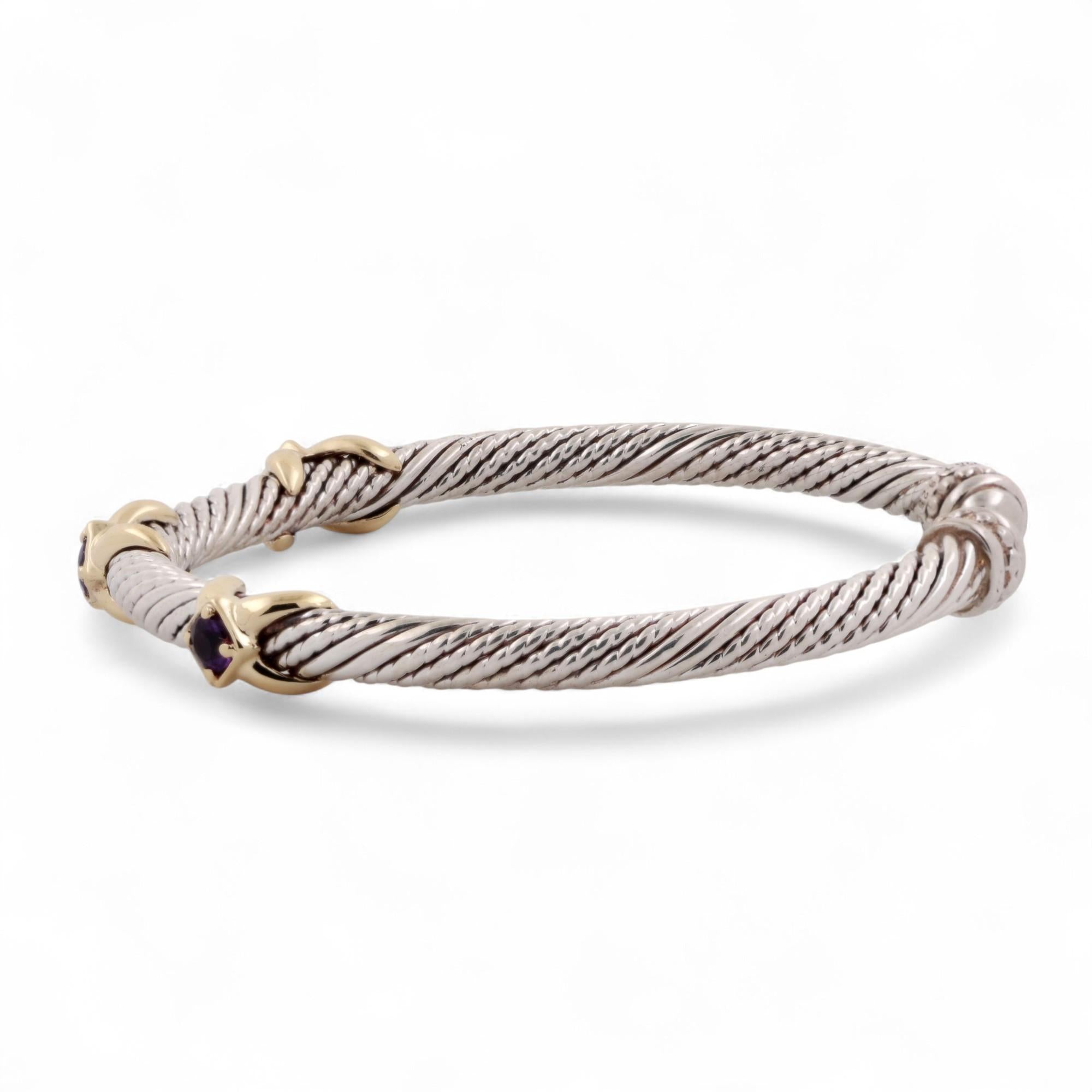 Amethyst Cable Cuff X Bangle Bracelet Sterling Silver 14K Gold 0.45 CTW 6.75"