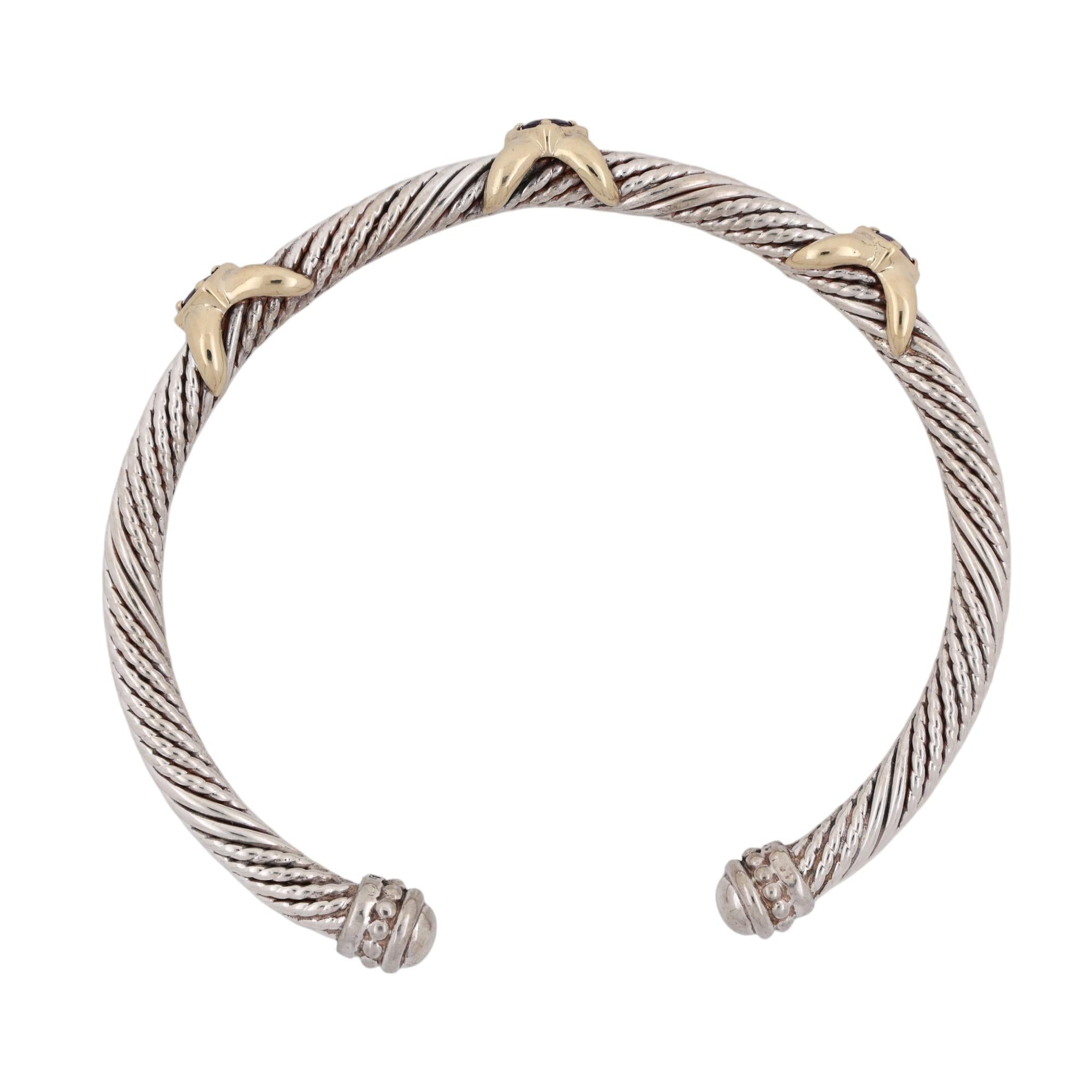 Amethyst Cable Cuff X Bangle Bracelet Sterling Silver 14K Gold 0.45 CTW 6.75"