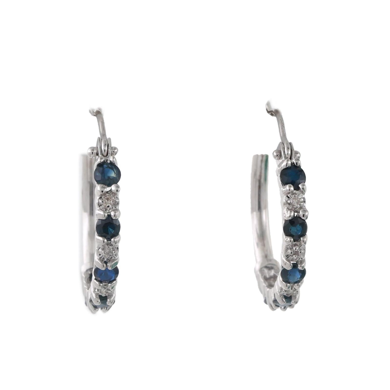 Diamond Sapphire Round Hoop Earrings 10K White Gold 0.77 CTW 0.78" Estate